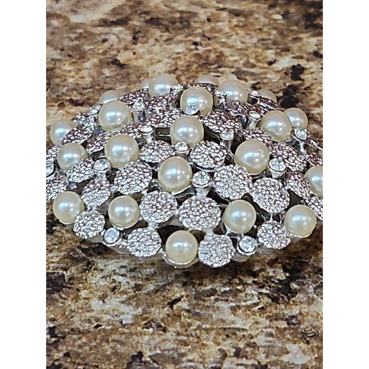 Vintage Crown Trifari Silvertone Faux Pearls Rhinestones Brooch