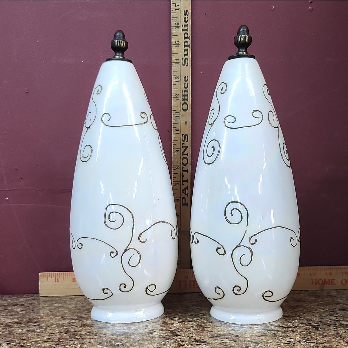 Set of 2 Iridescent White & Gold Glass Cone Lamp Shades Wall Sconce Opaline