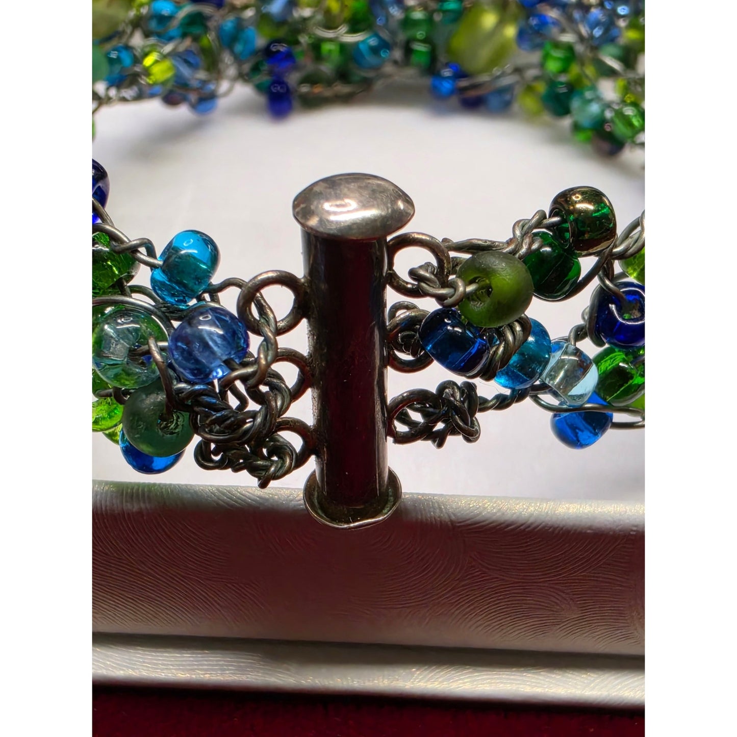 Vintage Sterling Silver Stone Multi Strand Beaded Slide Clasp Bracelet Blue Green