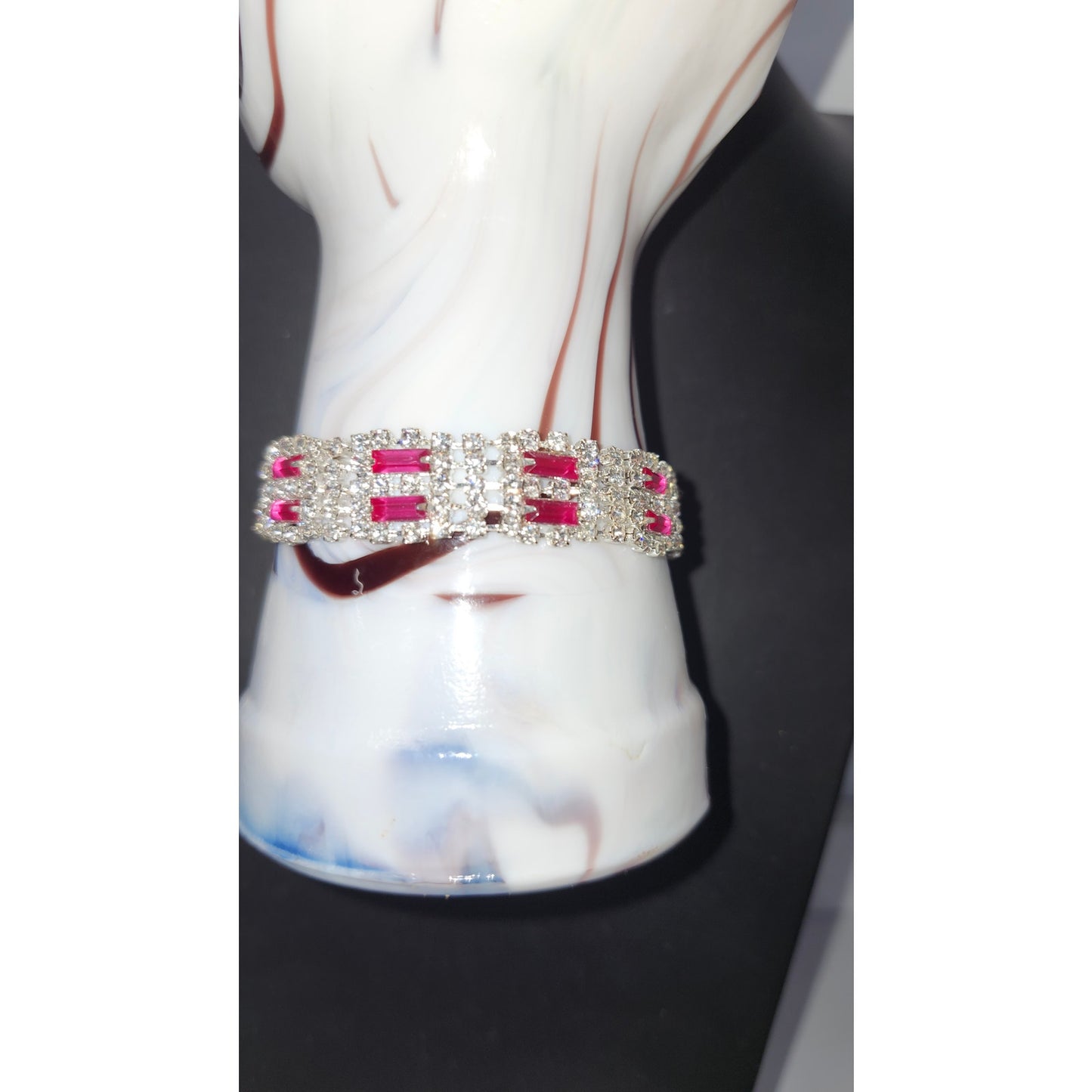 Vintage Ruby Rhinestone Silver-Tone Link Costume Bracelet 7.25"