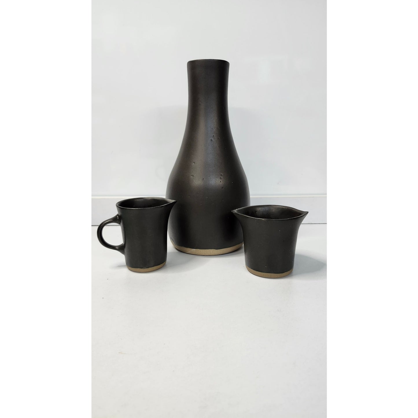 Signed Studio Pottery Black Stoneware Carafe Creamer Mug 3 Piece Set MCM