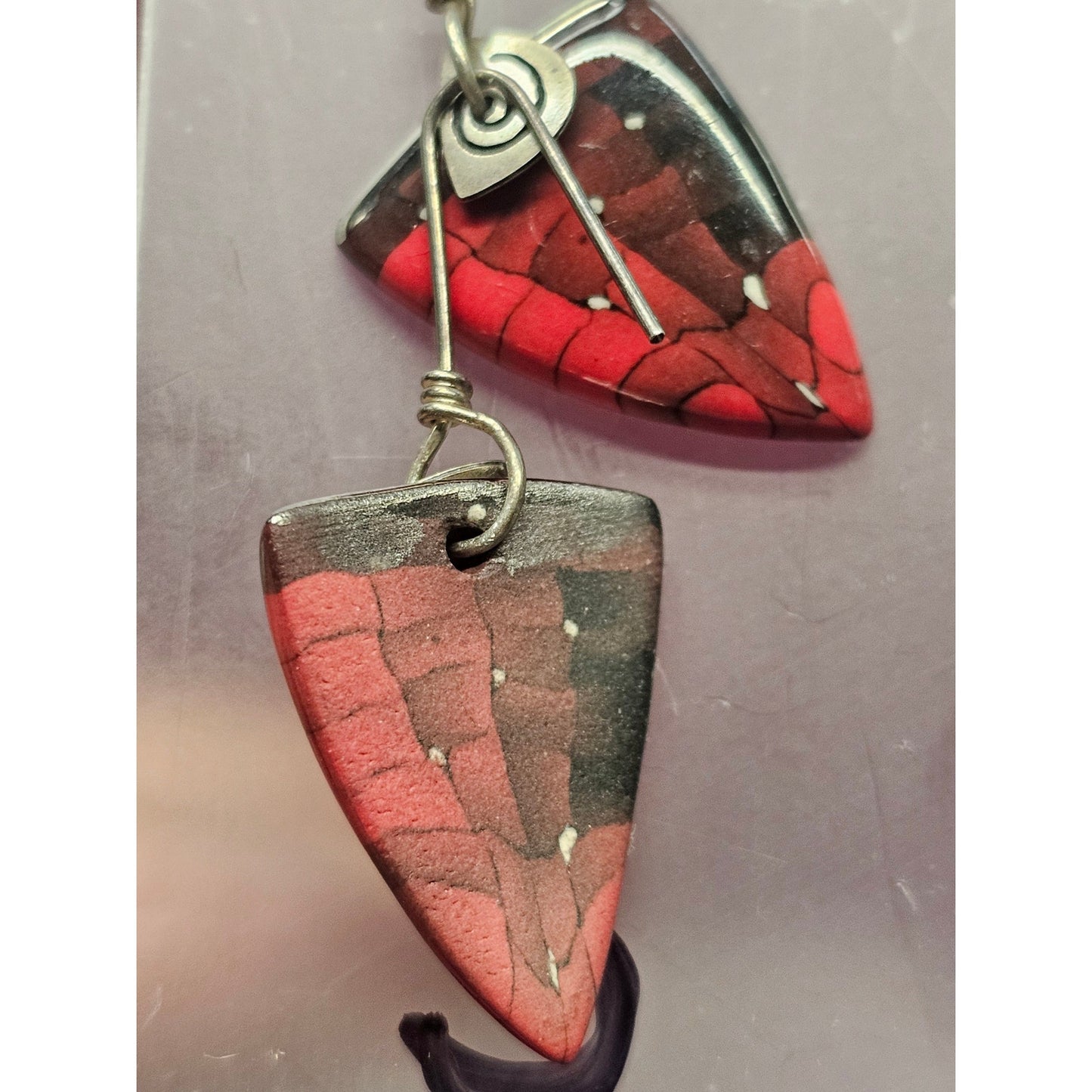 Sterling Silver Southwestern Mosaic Dangle Earrings | Red & Black Inlay Style