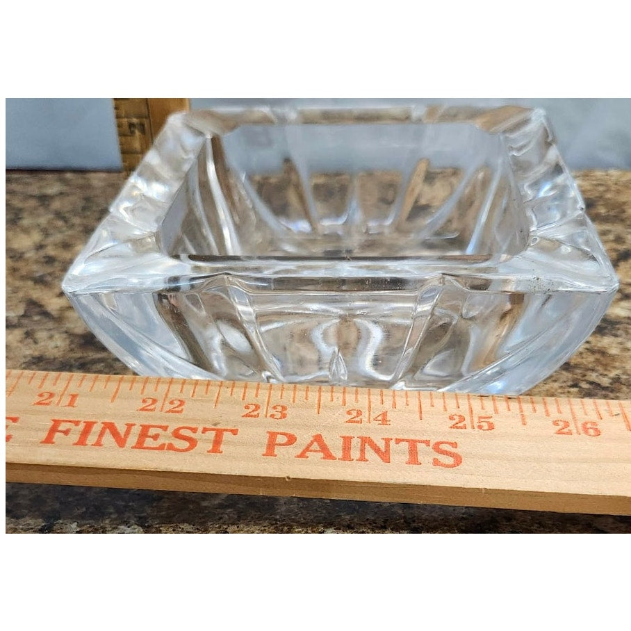 Vintage Crystal Clear Glass Ashtray Square Starburst Mid Century Heavy Ashtray