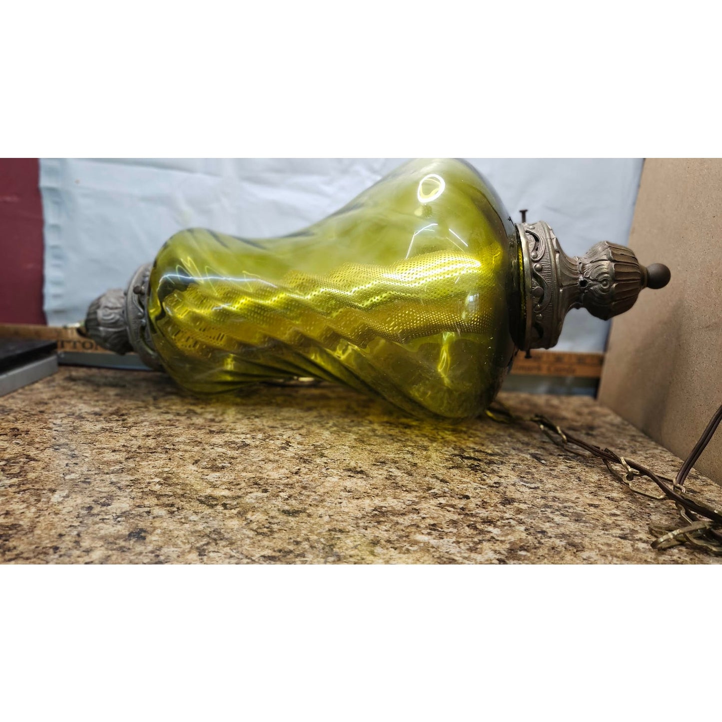 Vintage Swirl Glass Hanging Swag Lamp Light Fixture Green Mid Century Modern 20"