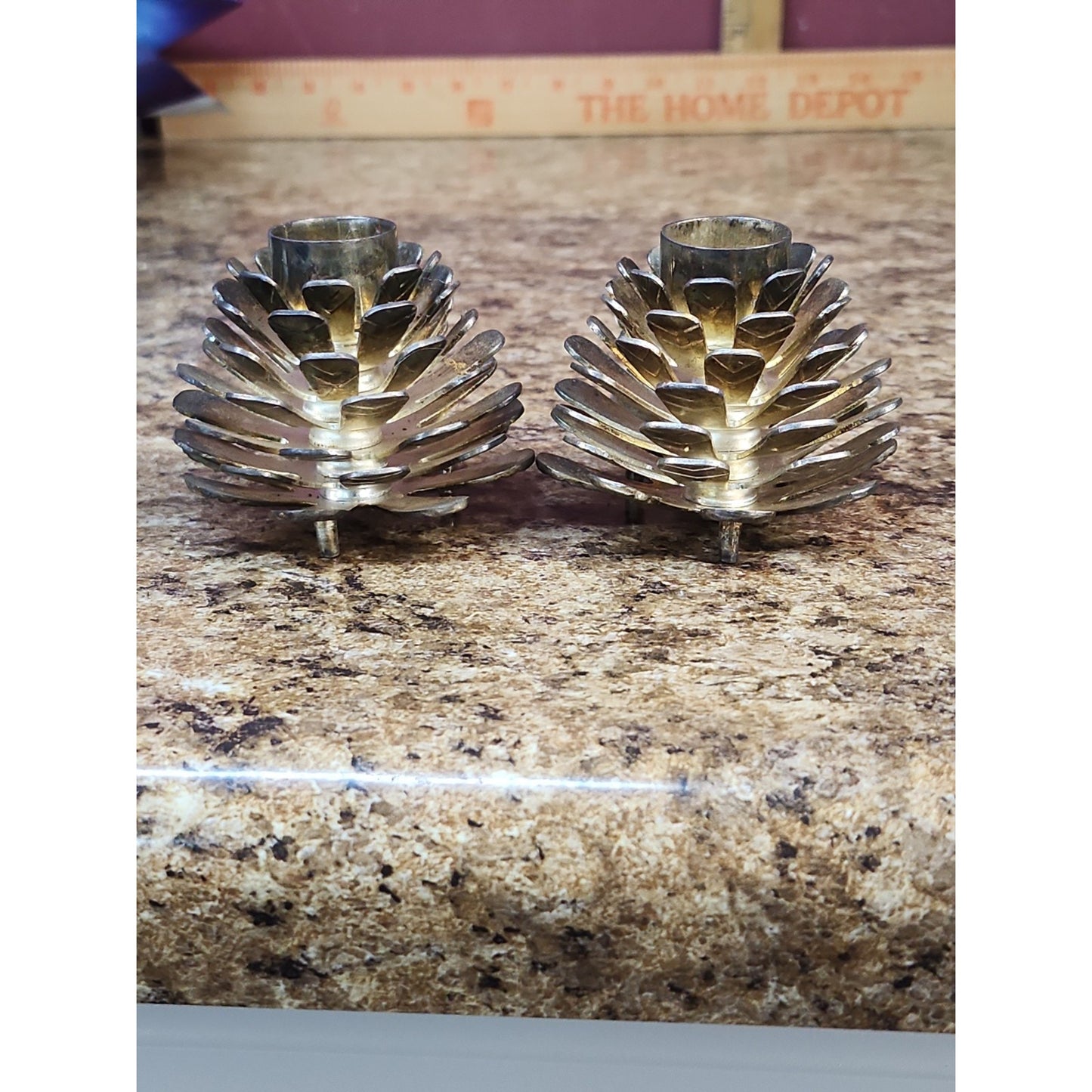 Silver Tone Pine Cone Taper Candle Holder Set Christmas And Cabin Decor