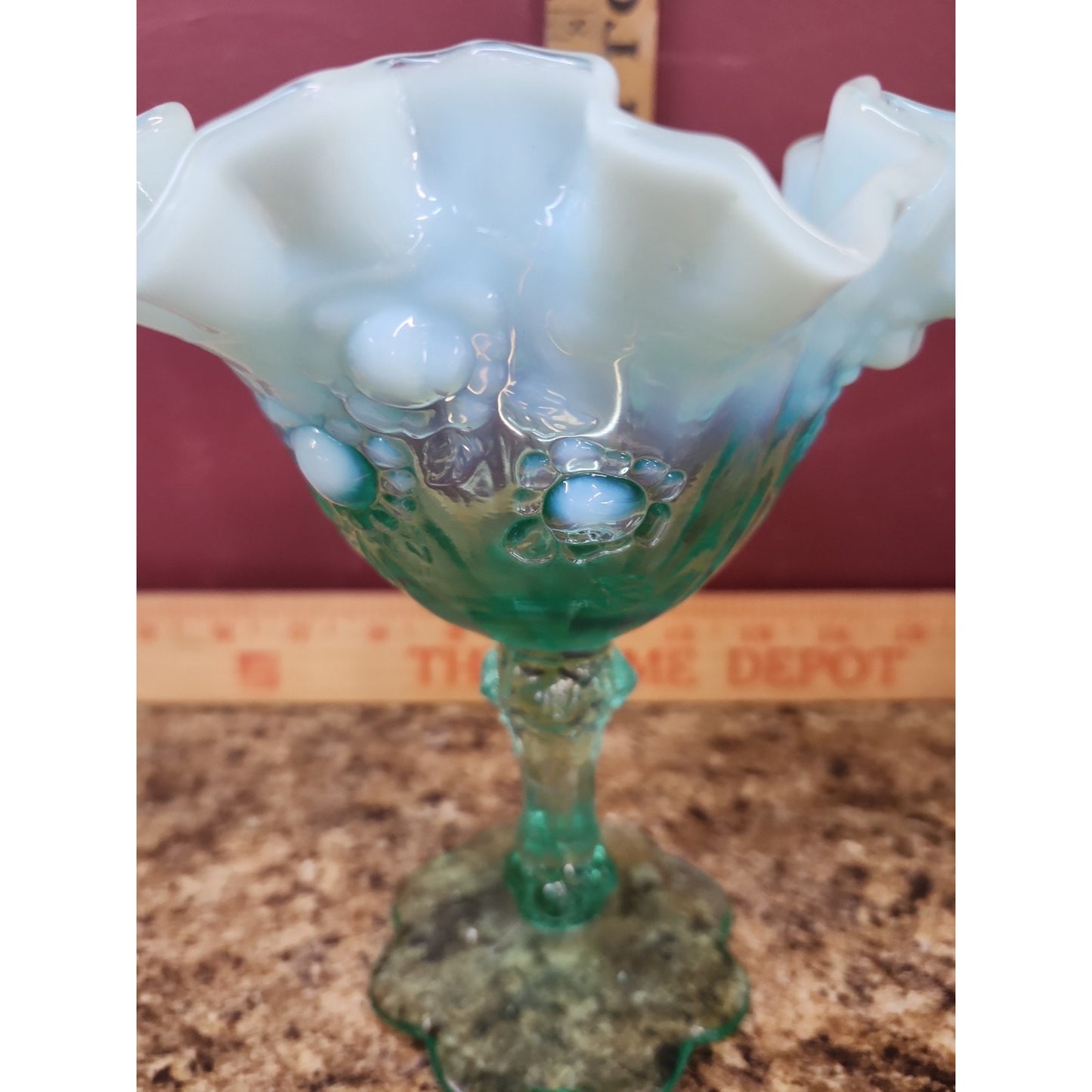 Fenton SEA MIST GREEN OPALESCENT CABBAGE ROSE PATTERN COMPORT 1993 GLOWS