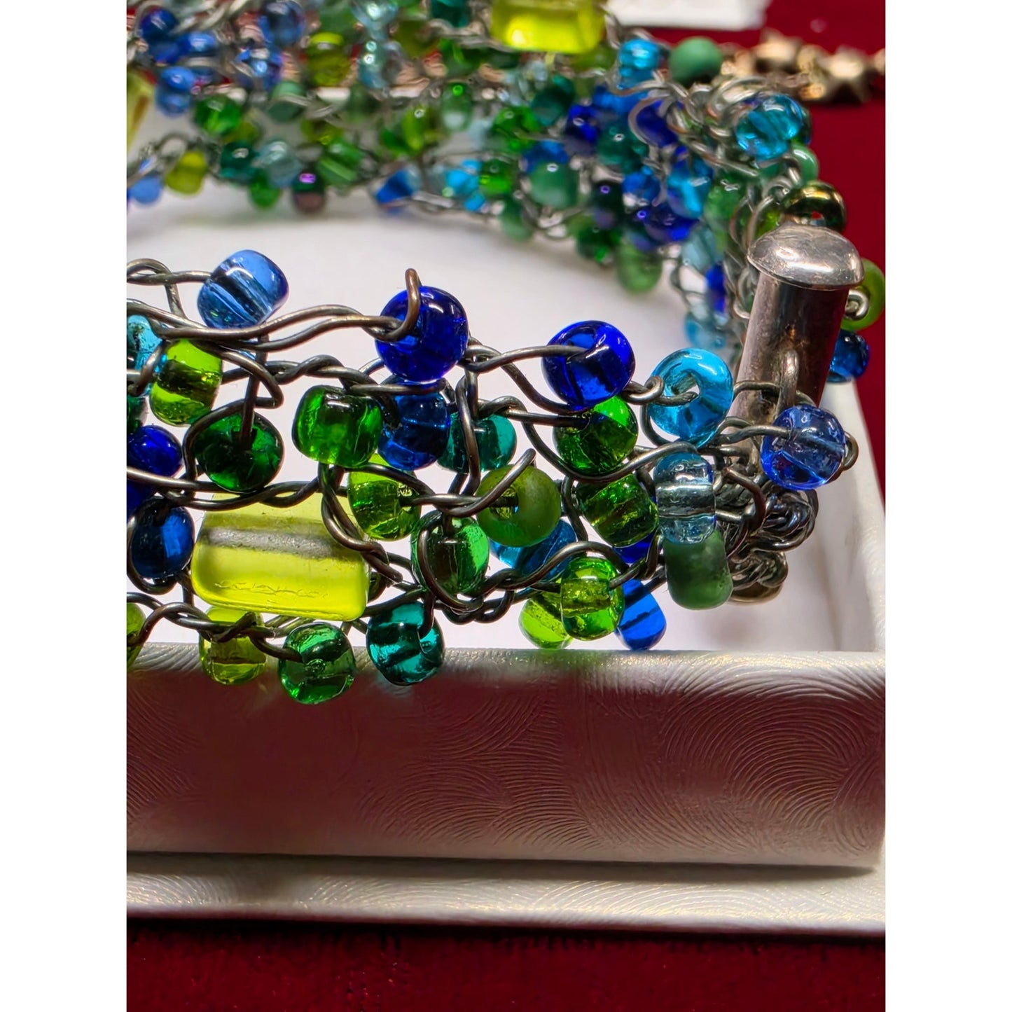 Vintage Sterling Silver Stone Multi Strand Beaded Slide Clasp Bracelet Blue Green