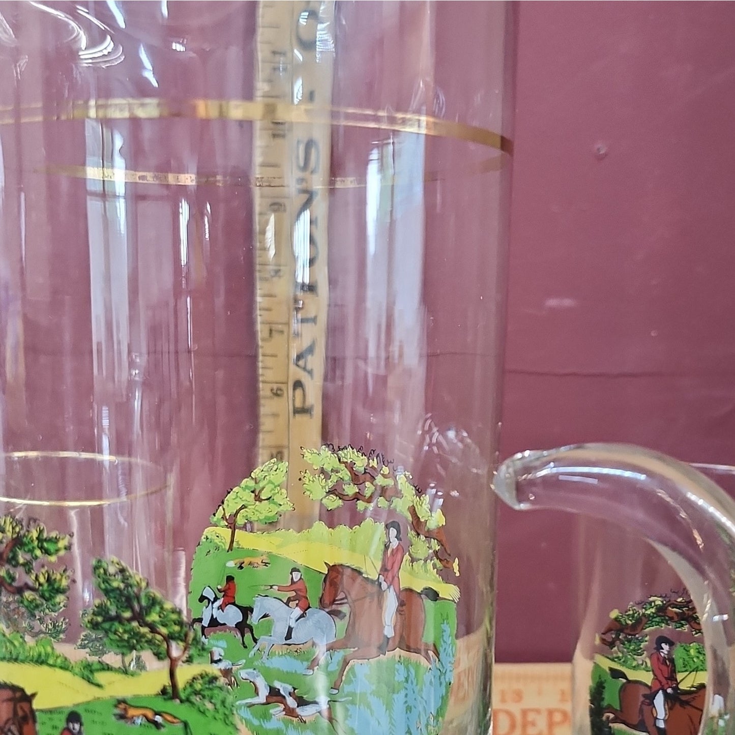 Neiman Marcus Style Glass Pitcher + 6 Tumblers, Hunting Scene Horses