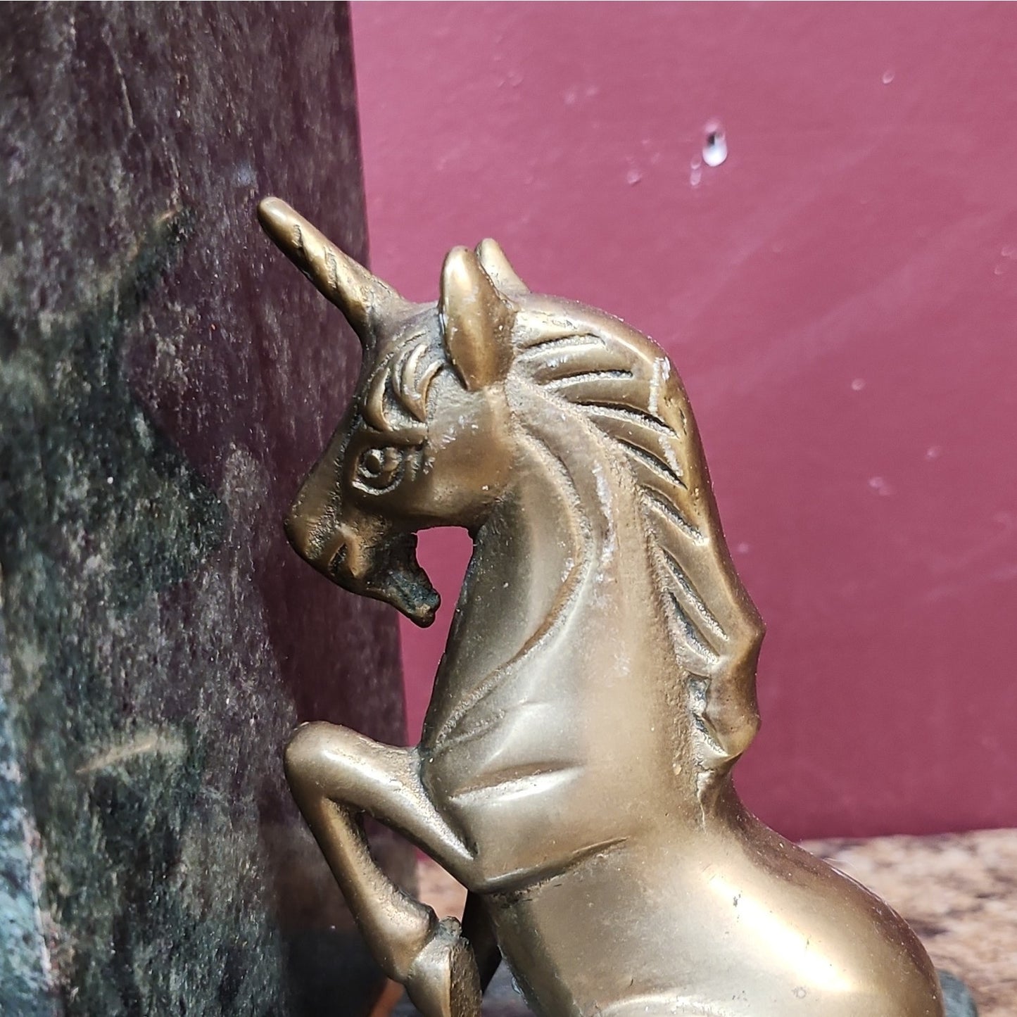 Leonard Silver Co Solid Brass Unicorn Bookends Pair, Marbled Green Marble