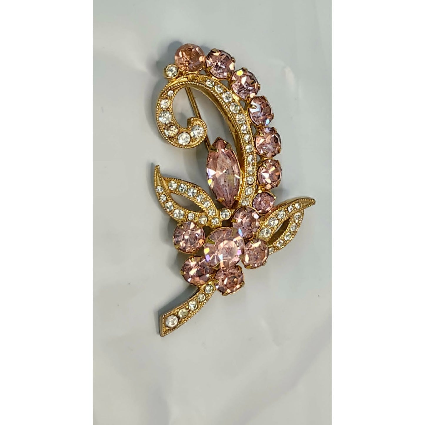 Vintage 90s Eisenberg Ice Brooch Pin Womens 2 Inch Gold Pink Rhinestone Flower