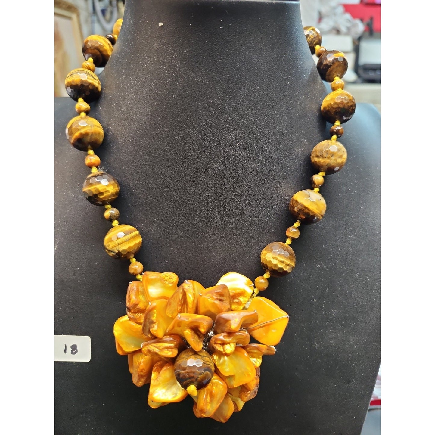 Vintage Tiger's Eye Necklace Faceted Round Beads Shell Flower 18"