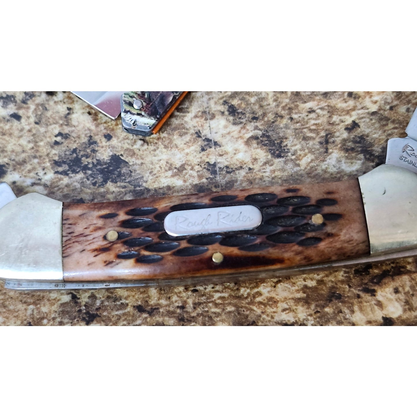 Rough Rider 3 Blade Folding Pocket Knife Brown Bone Handle Stainless Steel Lot
