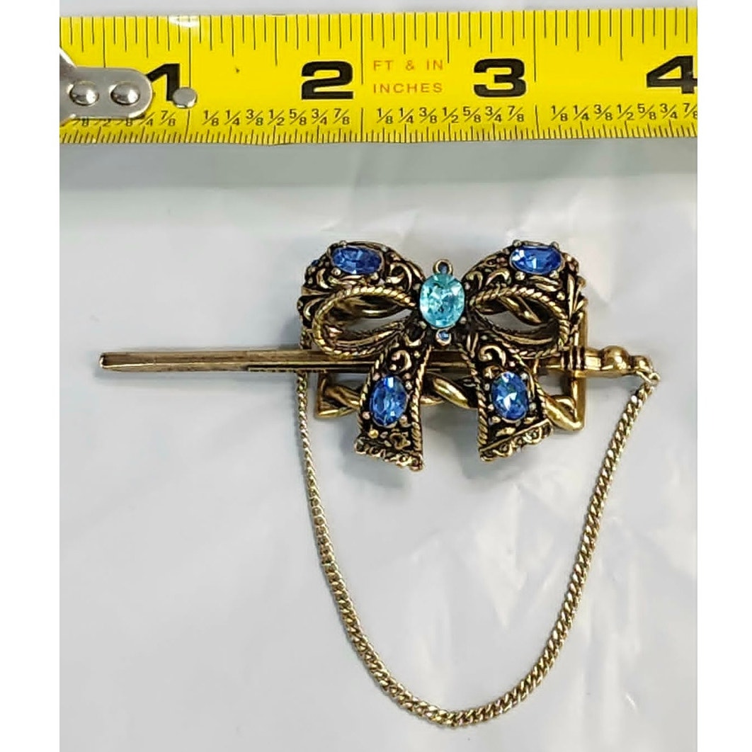 Vintage Intercontinental ILE Co Bow Pin Stick Brooch Blue Rhinestone Gold Tone