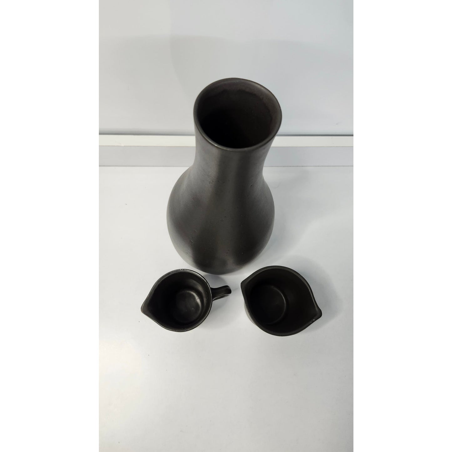 Signed Studio Pottery Black Stoneware Carafe Creamer Mug 3 Piece Set MCM