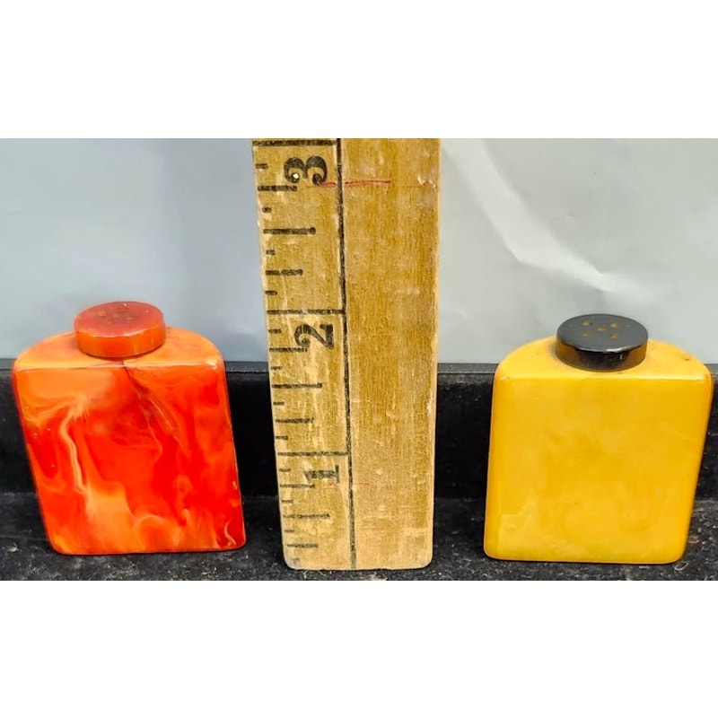 Vintage Bakelite Salt & Pepper Shakers Marbled Red Butterscotch Yellow Art Deco