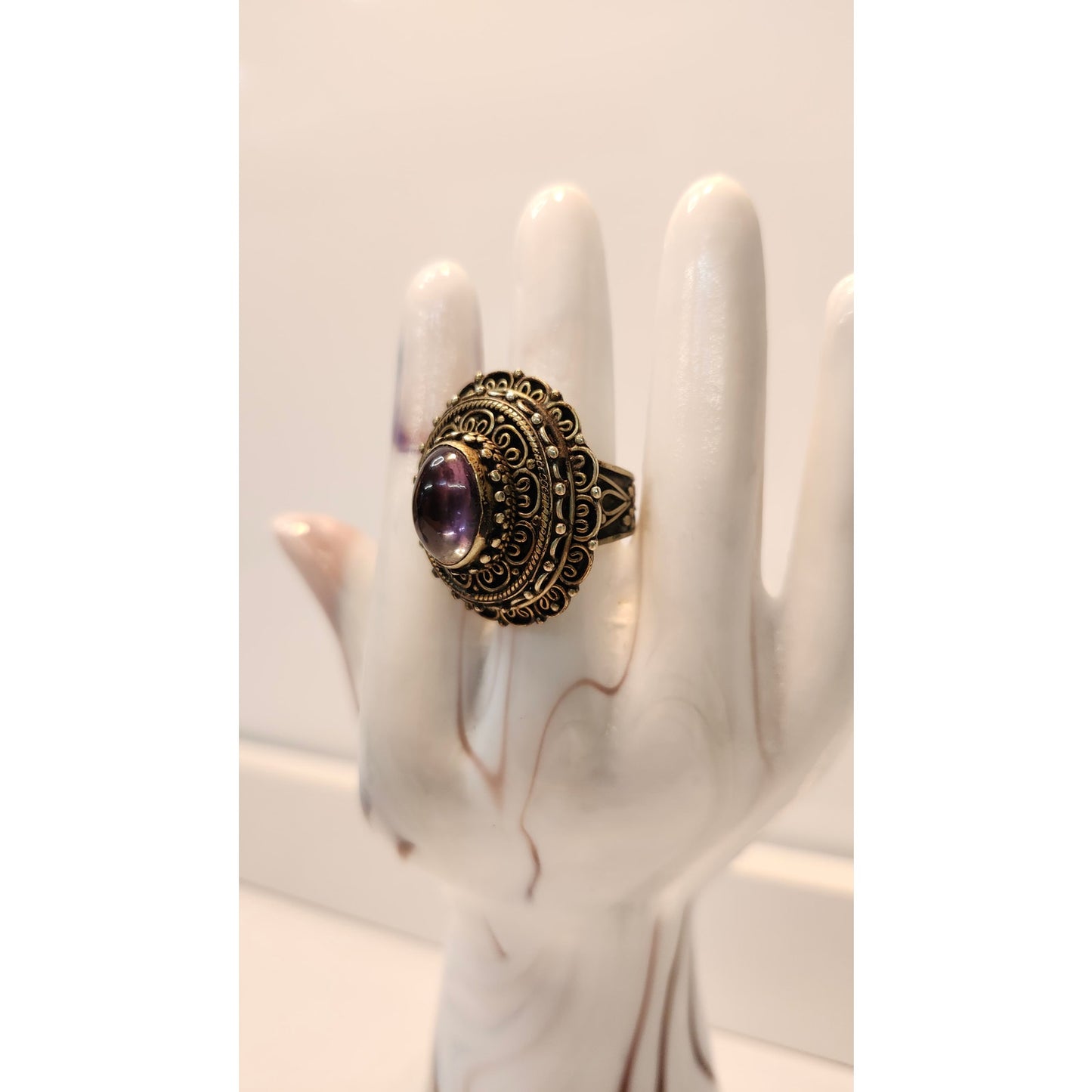 Antique Filigree Cocktail Ring Purple Oval Stone Statement Gold Tone Size 9
