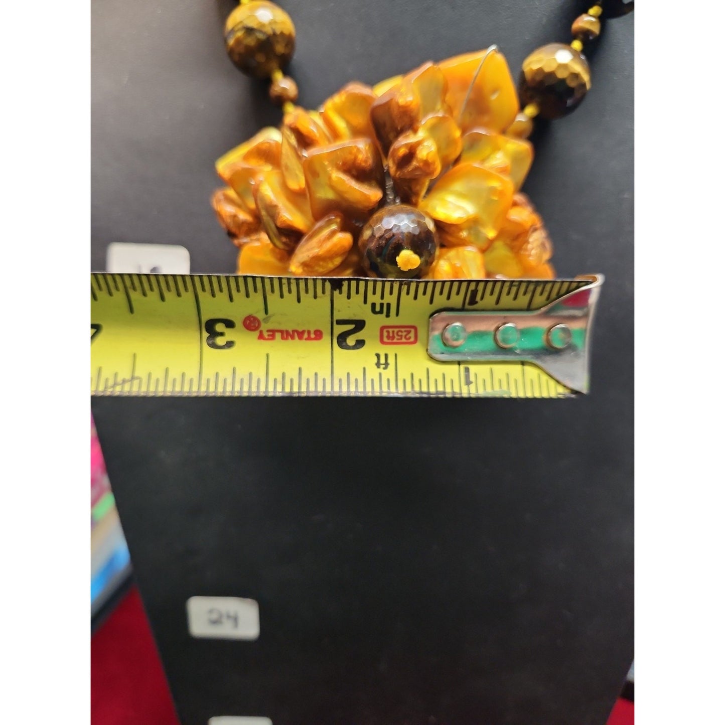 Vintage Tiger's Eye Necklace Faceted Round Beads Shell Flower 18"