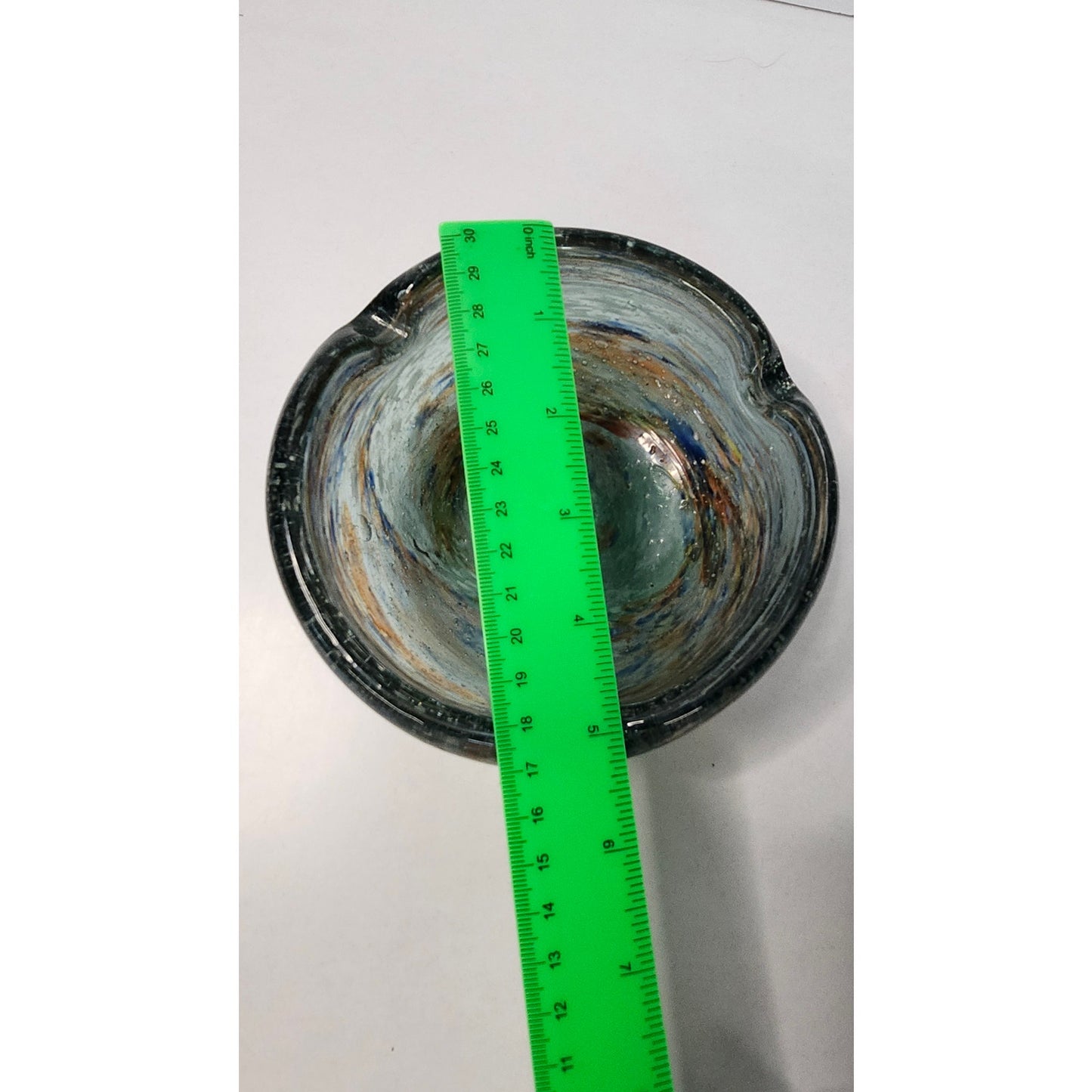 VTG Murano Style Hand Blown Art Glass Ashtray Heavy Blue Green Swirl MCM Dish 5”
