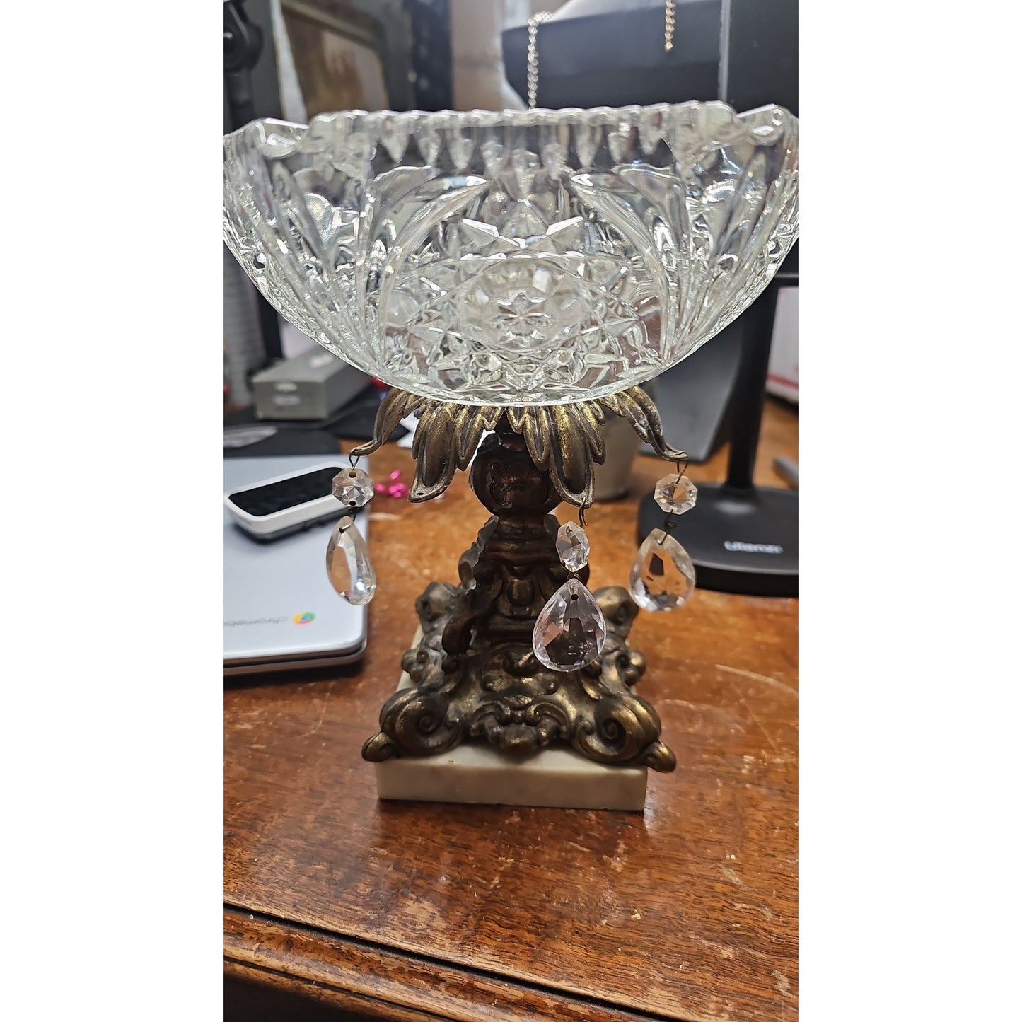 Hollywood Regency Crystal Pedestal Ashtray w/ Prisms & Marble Base Centerpiece