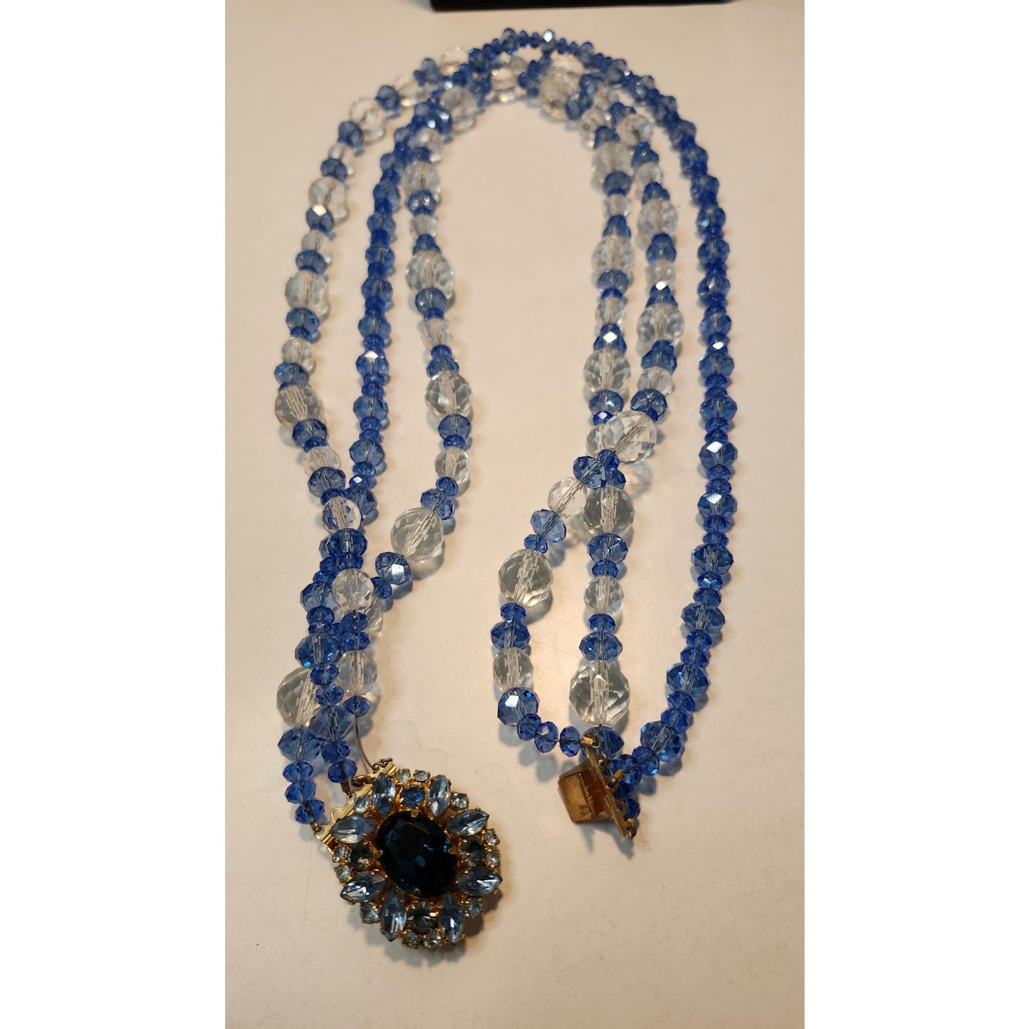 Vintage Darien Multi Strand Faceted Bead Necklace Blue Clear Lead Crystal 21"
