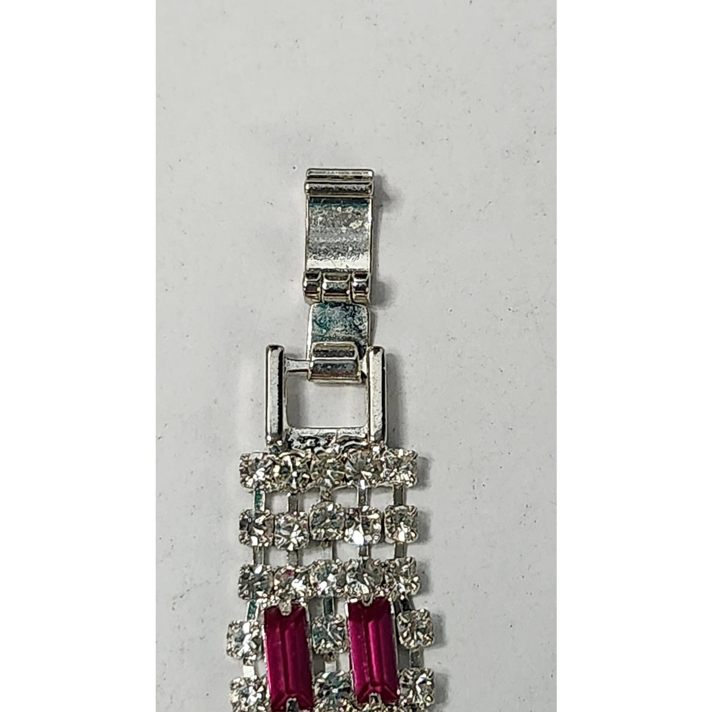 Vintage Ruby Rhinestone Silver-Tone Link Costume Bracelet 7.25"
