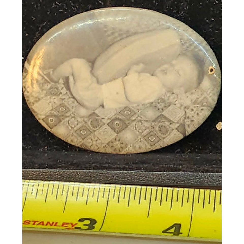 Vintage Antique Celluloid Compact Oval Pocket Mirror Black White Baby Photo