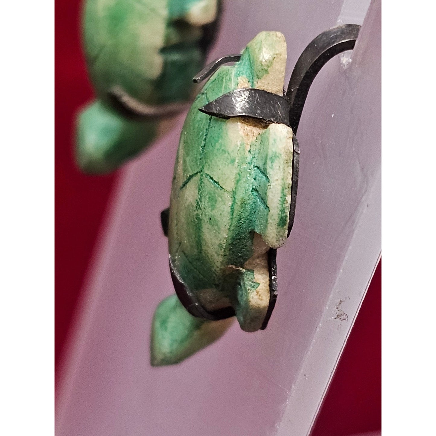 Vintage Carved Dangle Earrings Green Glass Or Stone Carved Turtle Screw Back
