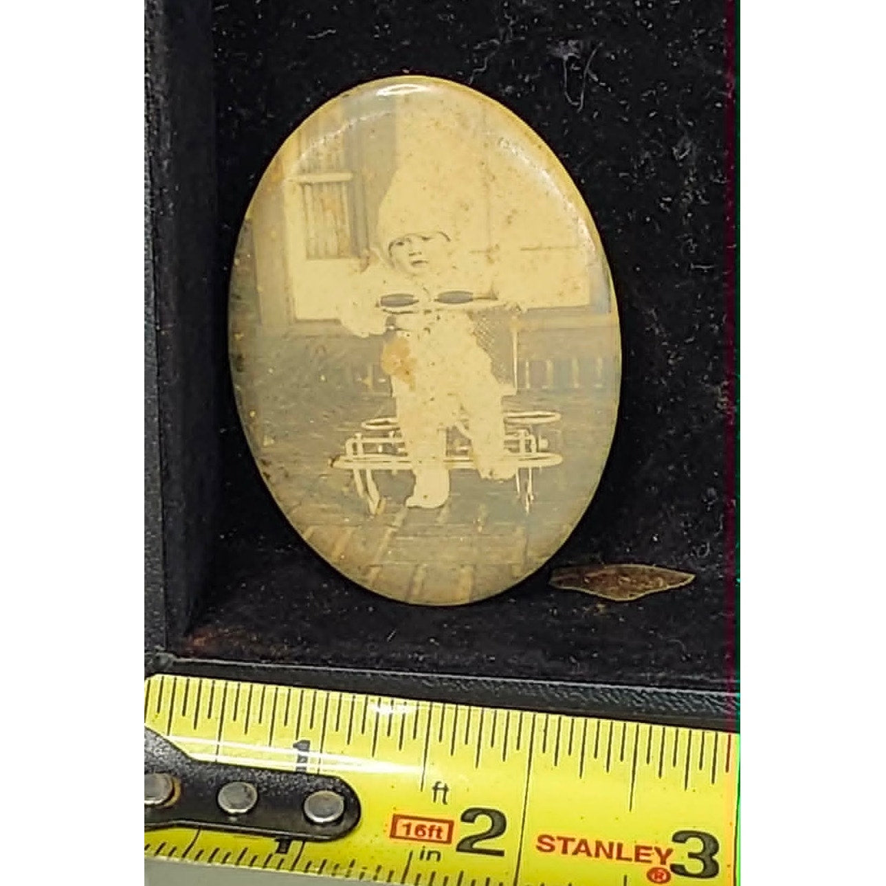 Vintage Celluloid Real Photo Pocket Mirror Sepia Child Toddler Oval Collectible