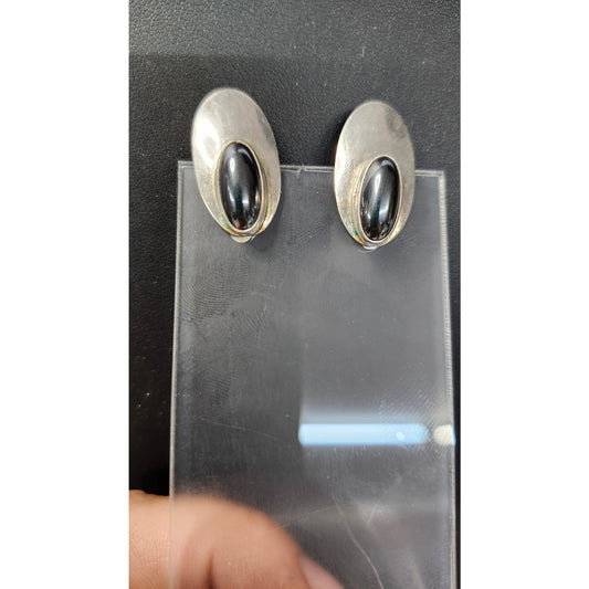 Vintage Sterling Silver Black Onyx Hematite Oval Clip-On Earrings