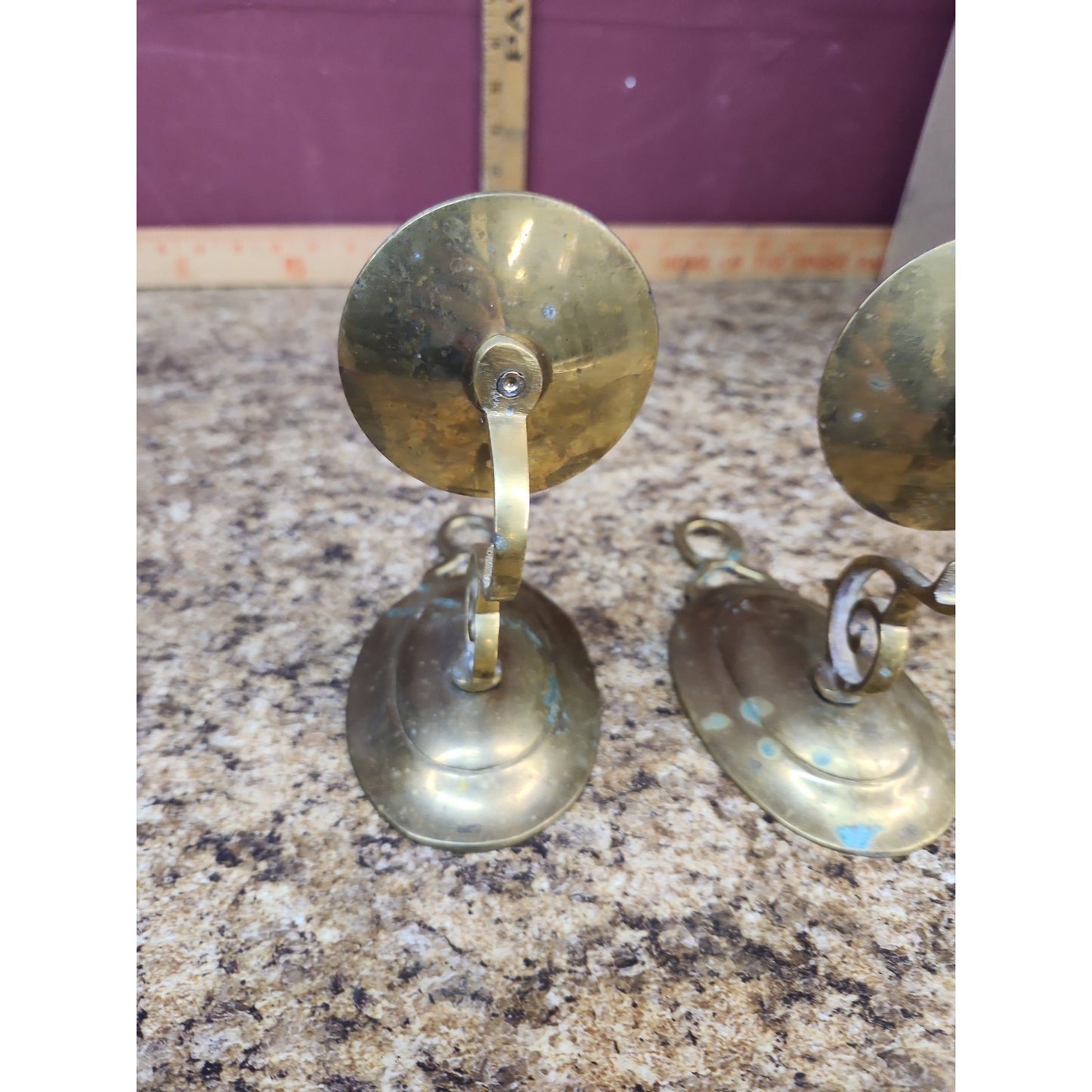 VTG Pair MCM Brass Candlestick Wall Sconces 6.25” Flush Mount Some Patina