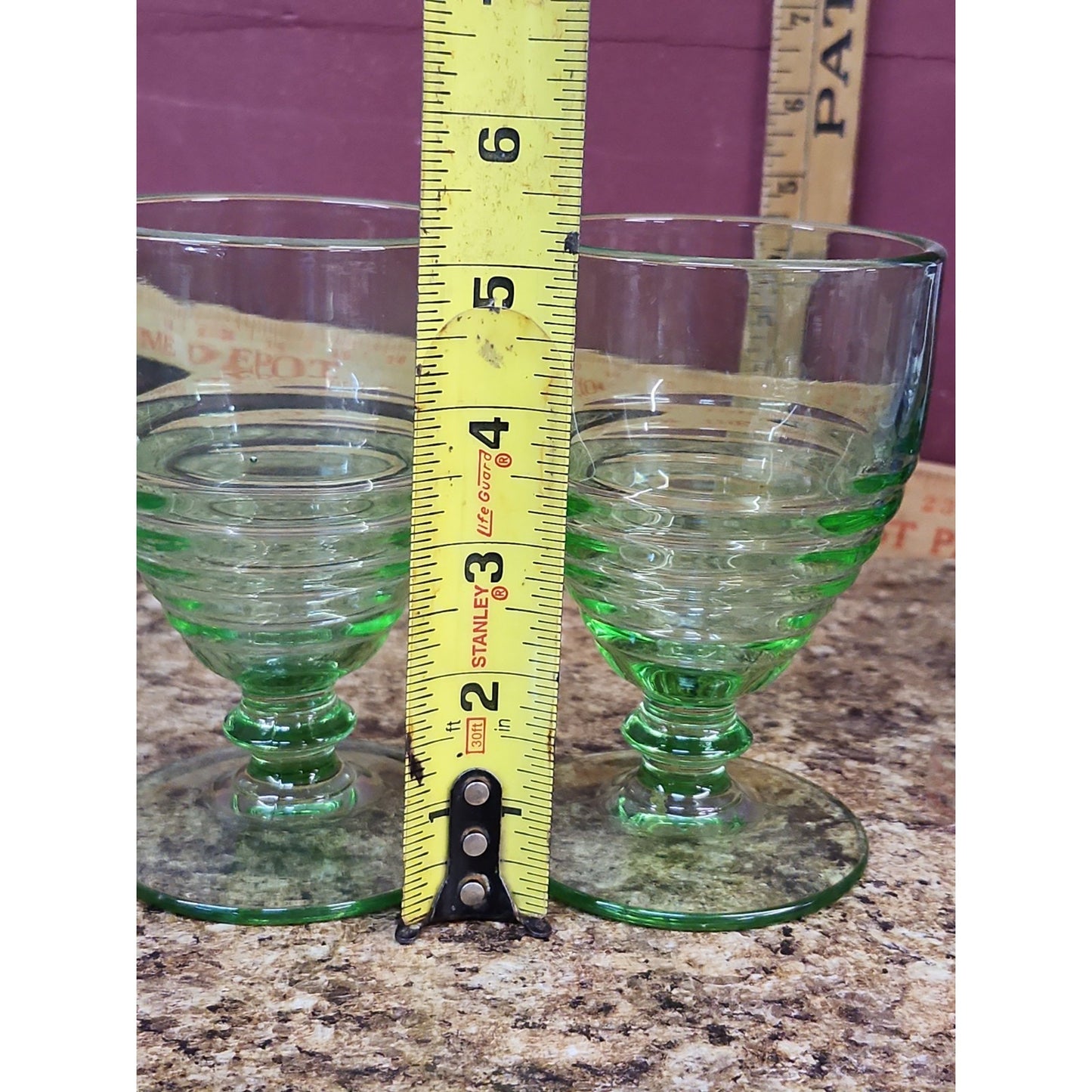 Lot/2 Paden City Green Penny Line Goblets 5 1/4" 1930's Nice UV Glow