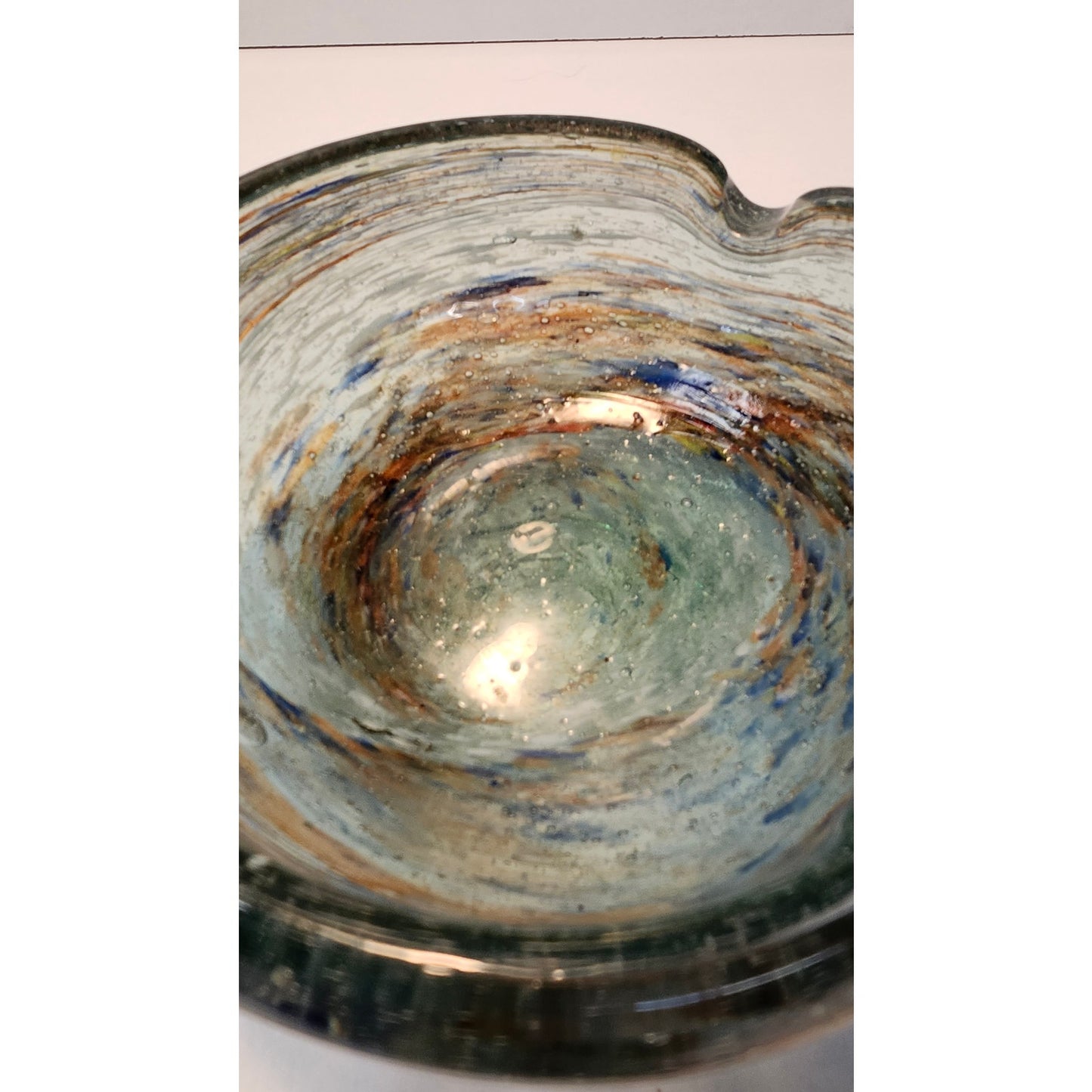 VTG Murano Style Hand Blown Art Glass Ashtray Heavy Blue Green Swirl MCM Dish 5”