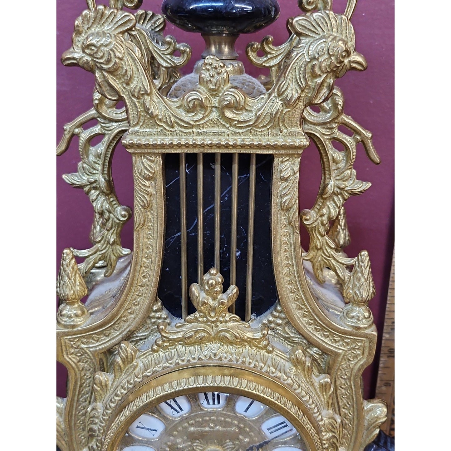 Large Imperial Lancini Italian Made Gilded Bronze & Marble Mantle Clock Satyrs