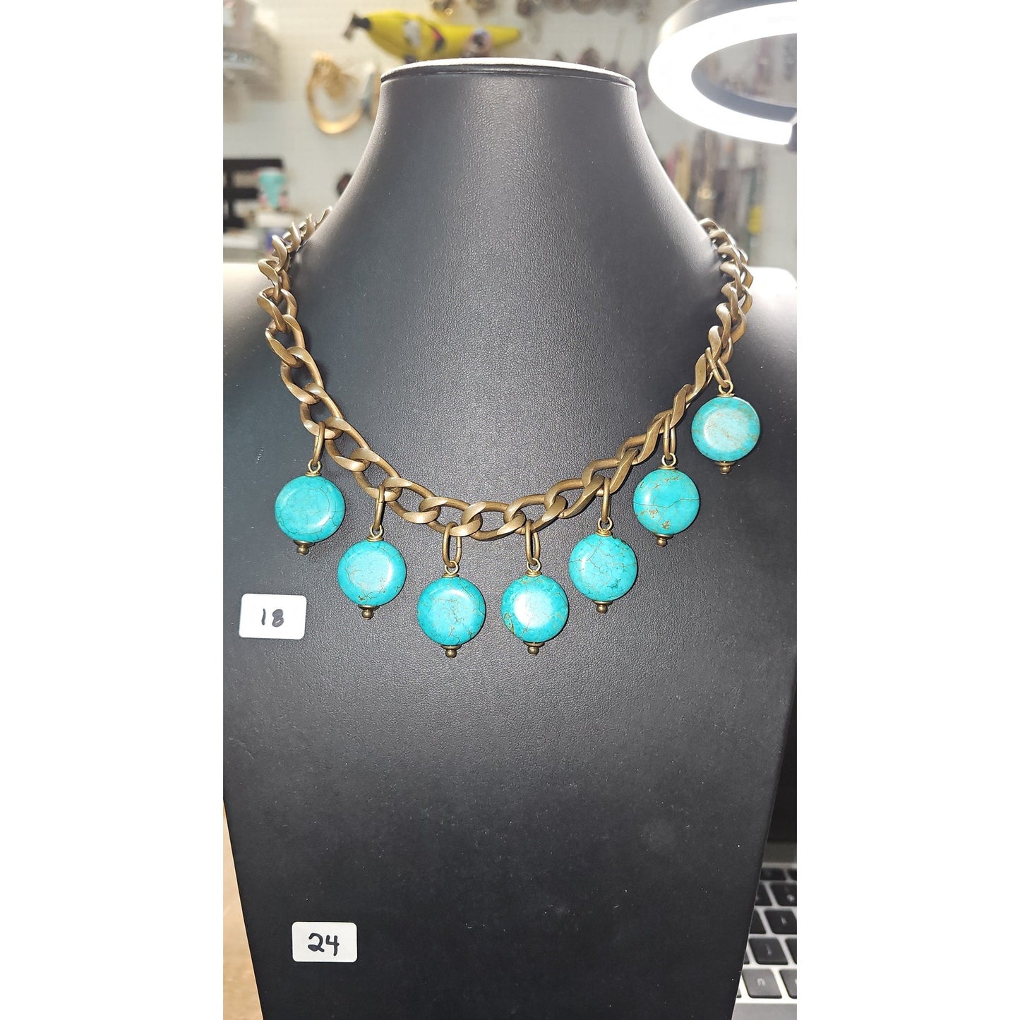 Jan Michaels Turquoise Drop Charm Womens Necklace Antiqued Brass Statement