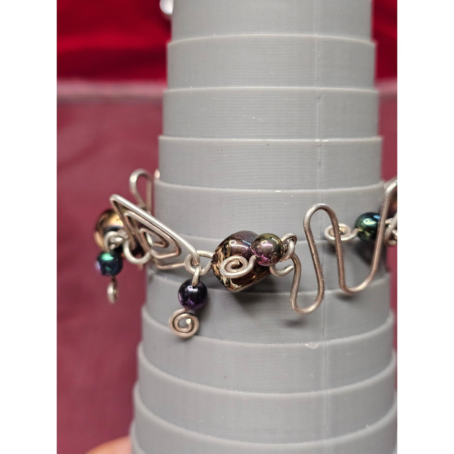 Sterling Silver Artisan Wire Wrapped Bracelet Purple & Peacock Bead Design