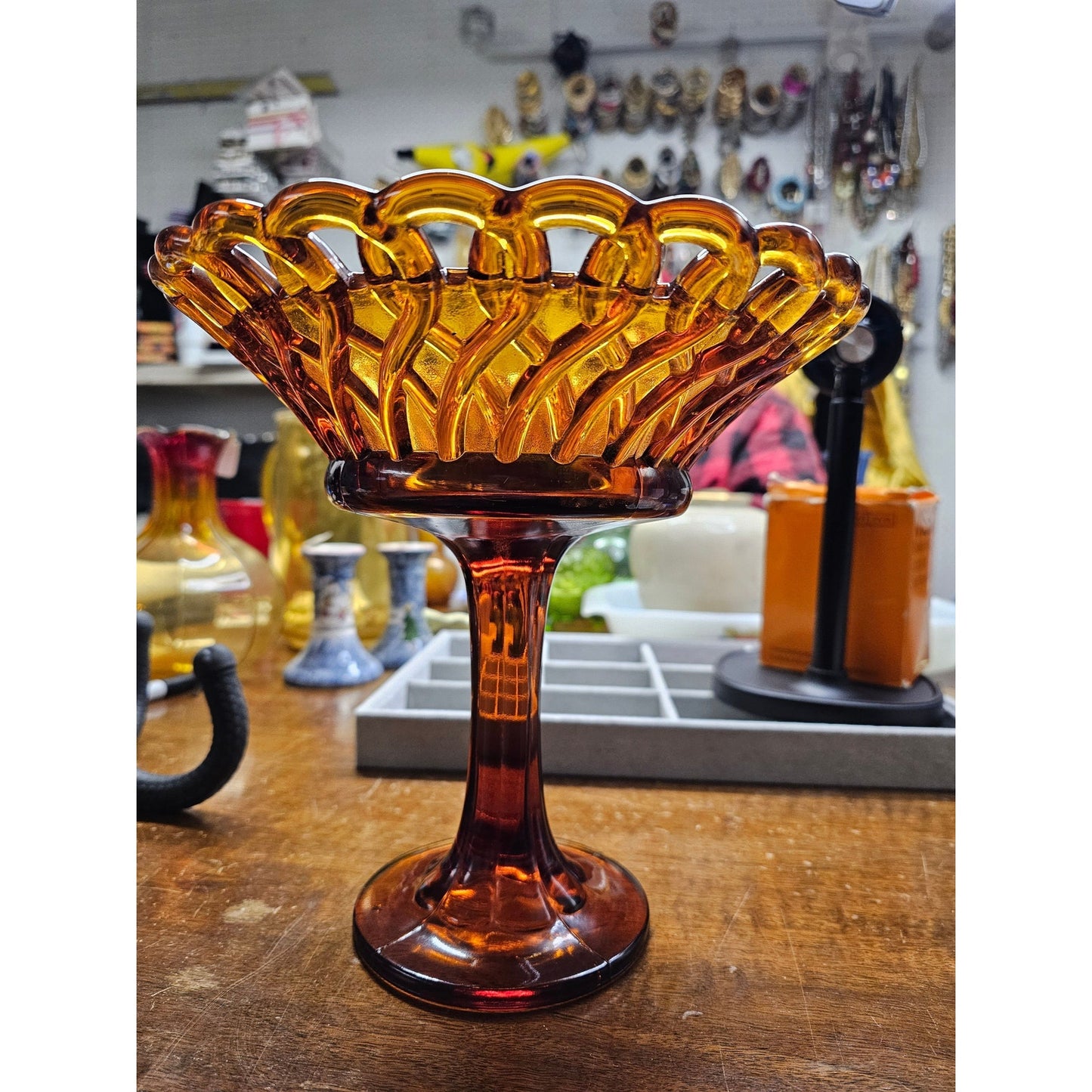 VTG Amber Basket Weave Lattice Glass Pedestal Compote Dish Art Decorative Bowl