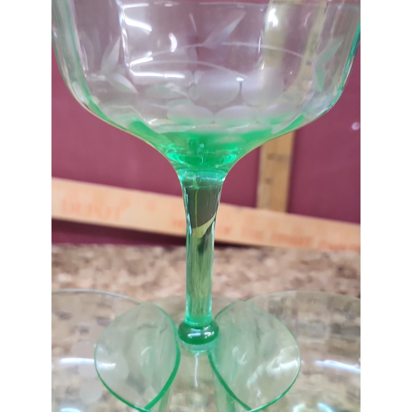 Lot Of 3 Vintage Uranium Glass Stemmed Champagne Glasses Excellent UV Glow!