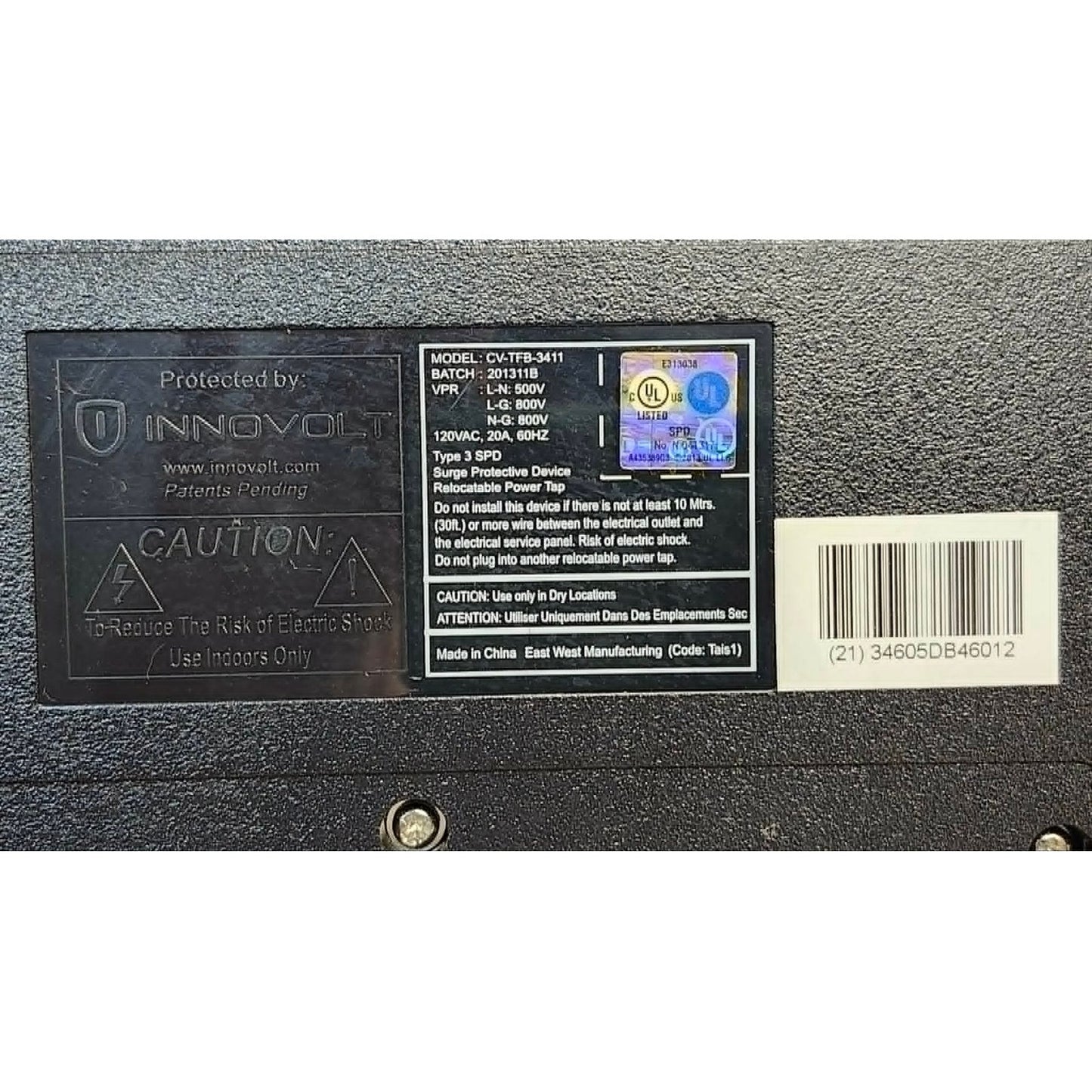 Innovolt CV TFB 3411 Power Protection Surge Protector Device 120VAC 20A Black