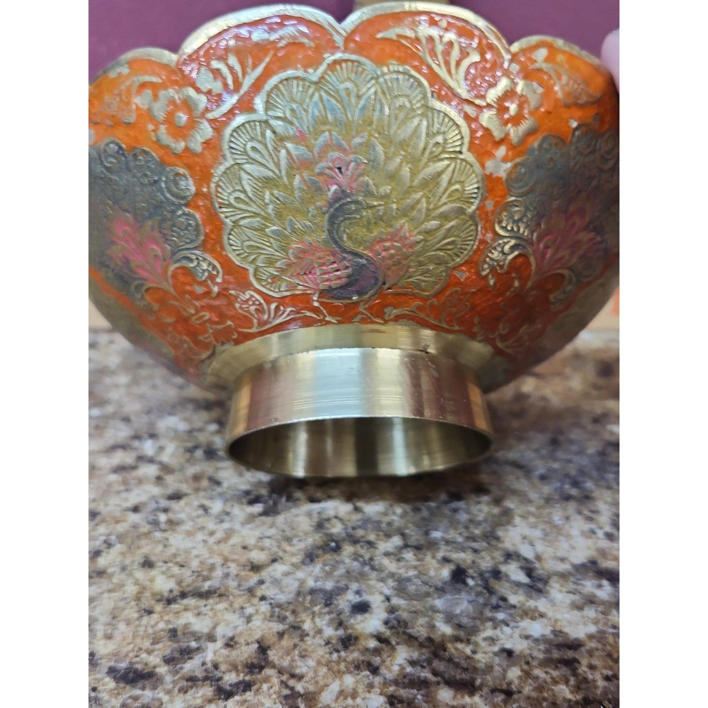Vintage Brass Hand Painted Enameled Peacock Bowl Classic Boho Chic Approx 5”