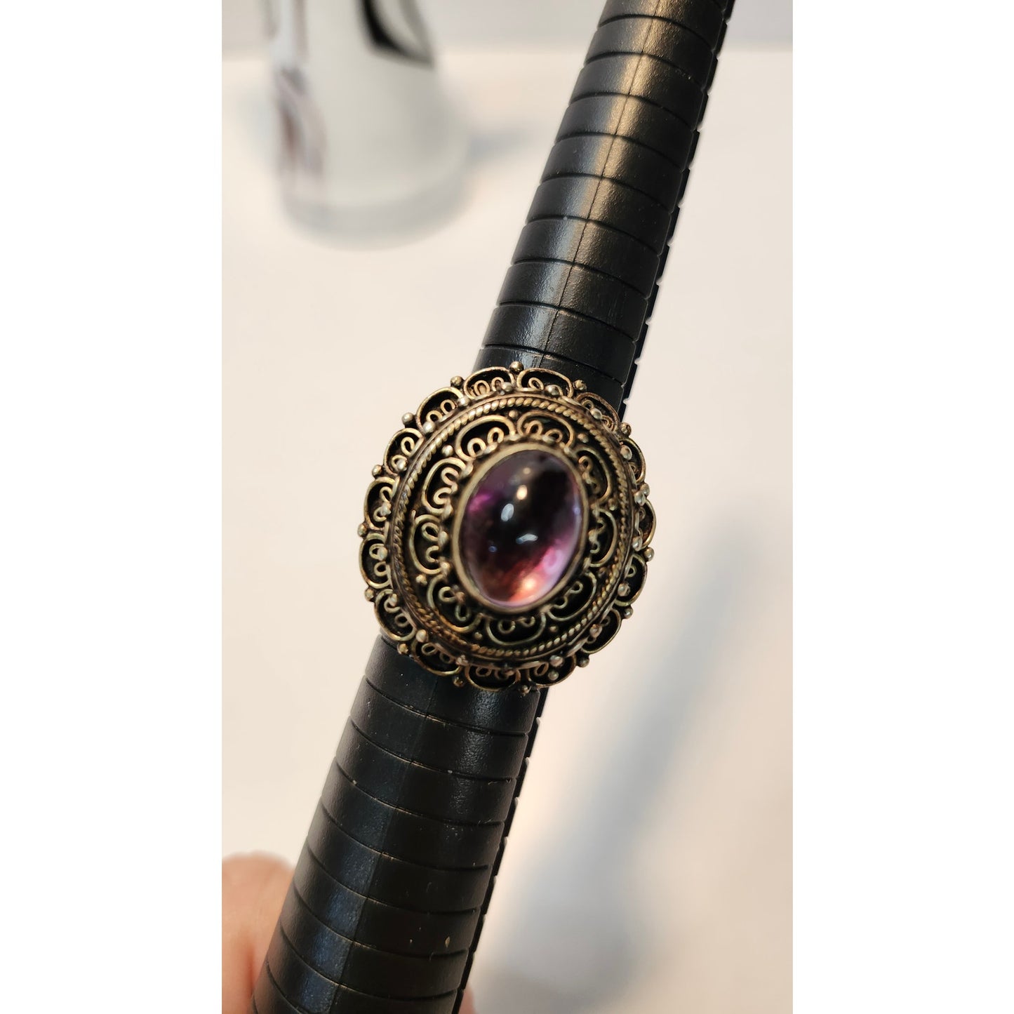 Antique Filigree Cocktail Ring Purple Oval Stone Statement Gold Tone Size 9