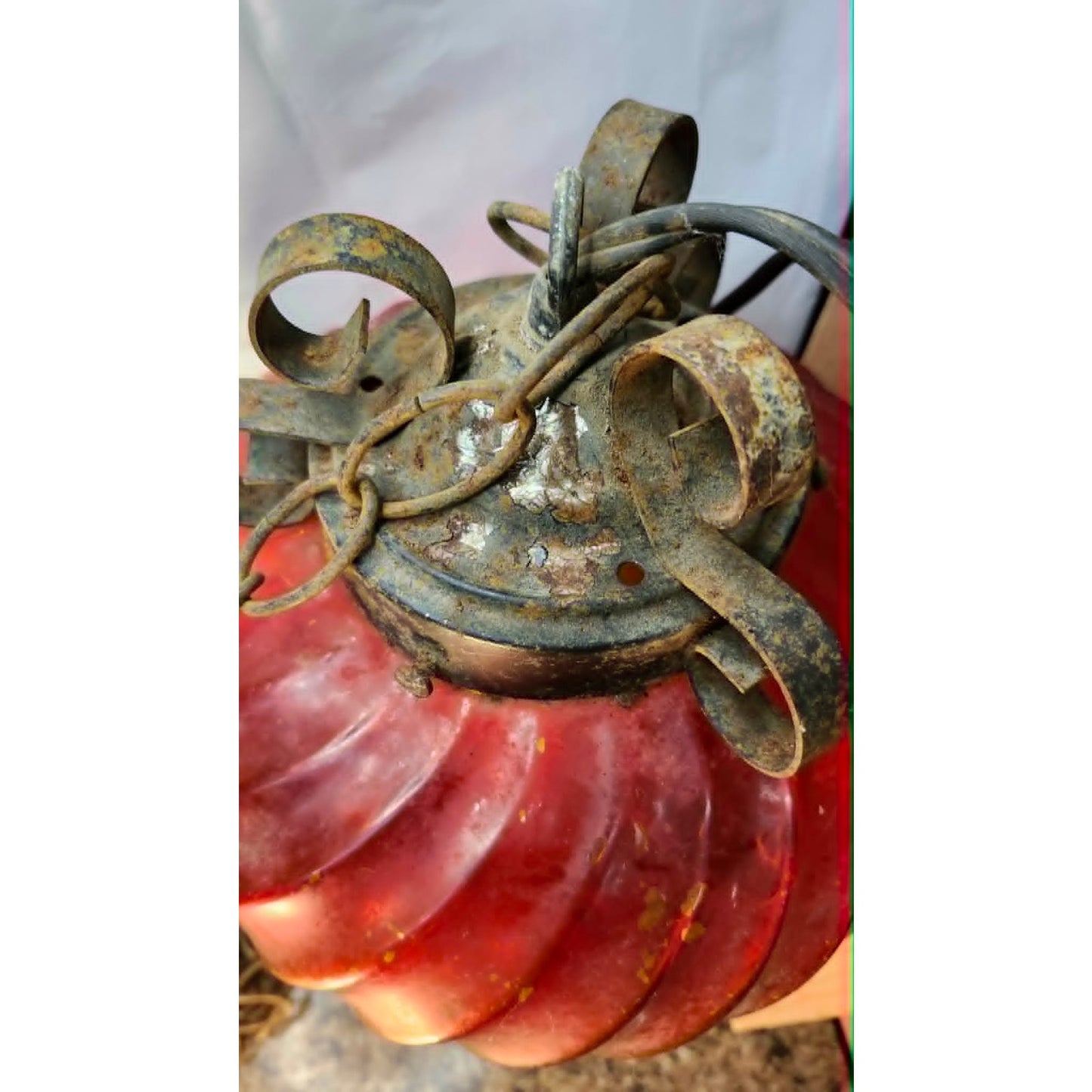 Vintage Swirl Glass Swag Lamp Hanging Light Fixture Red Amber Mid Century Retro