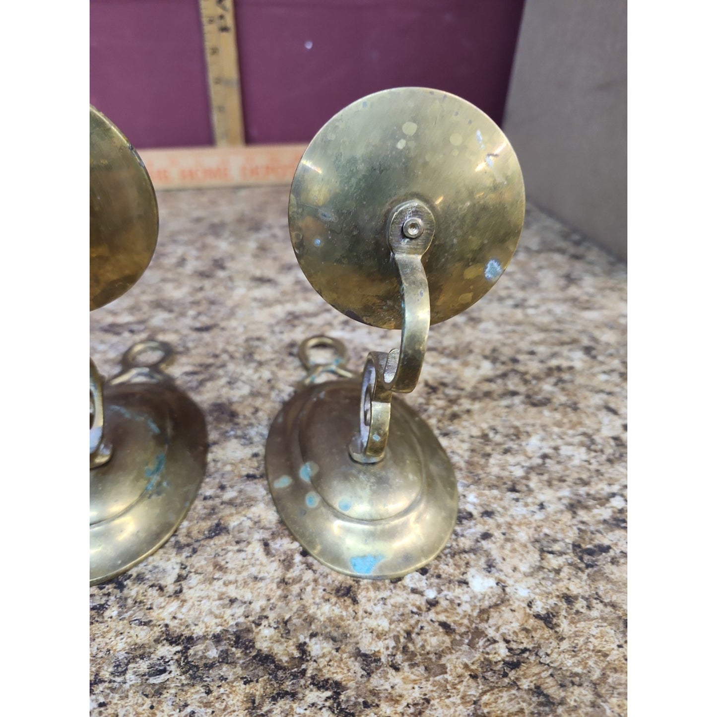 VTG Pair MCM Brass Candlestick Wall Sconces 6.25” Flush Mount Some Patina