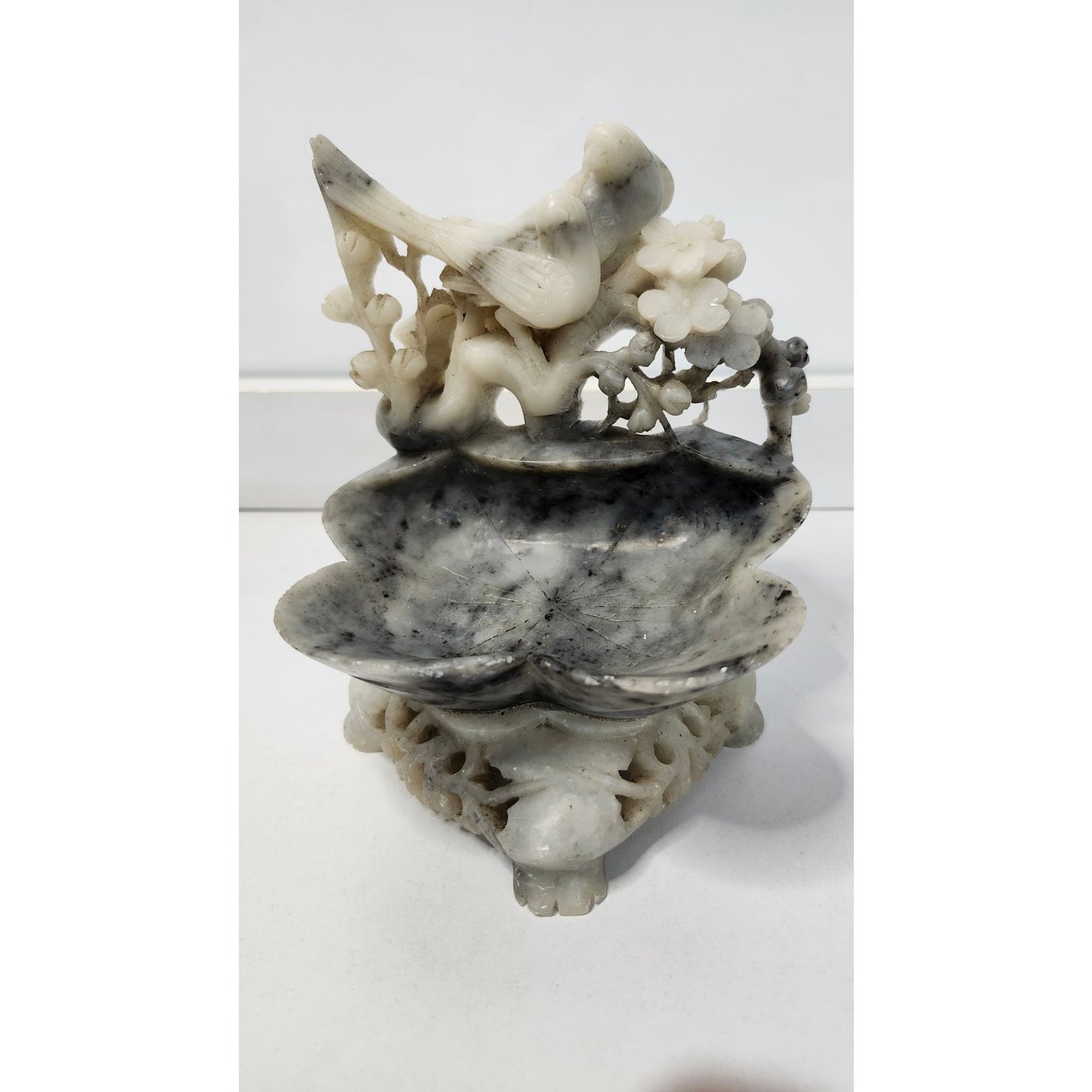 VTG Chinese Soapstone Trinket Dish Gray Hand Carved Bird Flowers Statue Gray