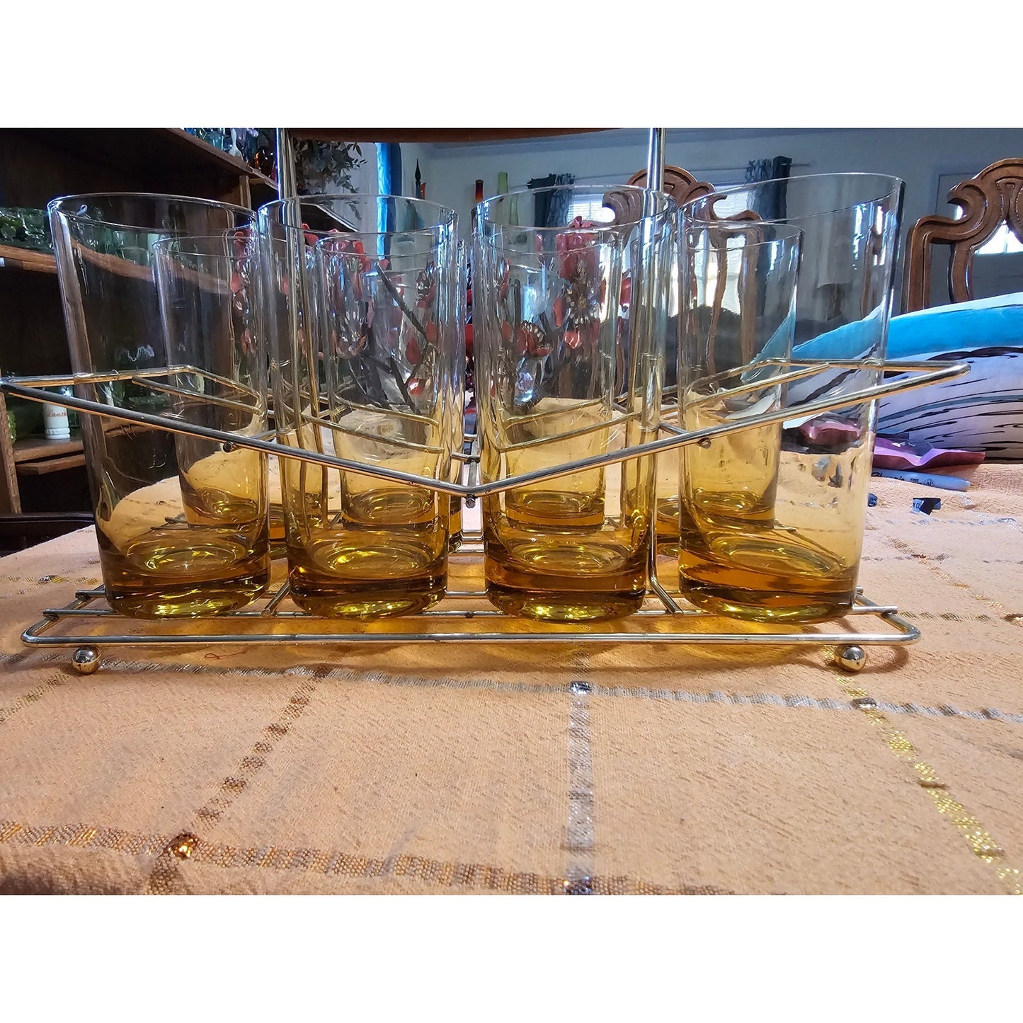 Vintage Mid-Century Amber Highball Clear Glasses w/ Metal Carrier – Set of 8