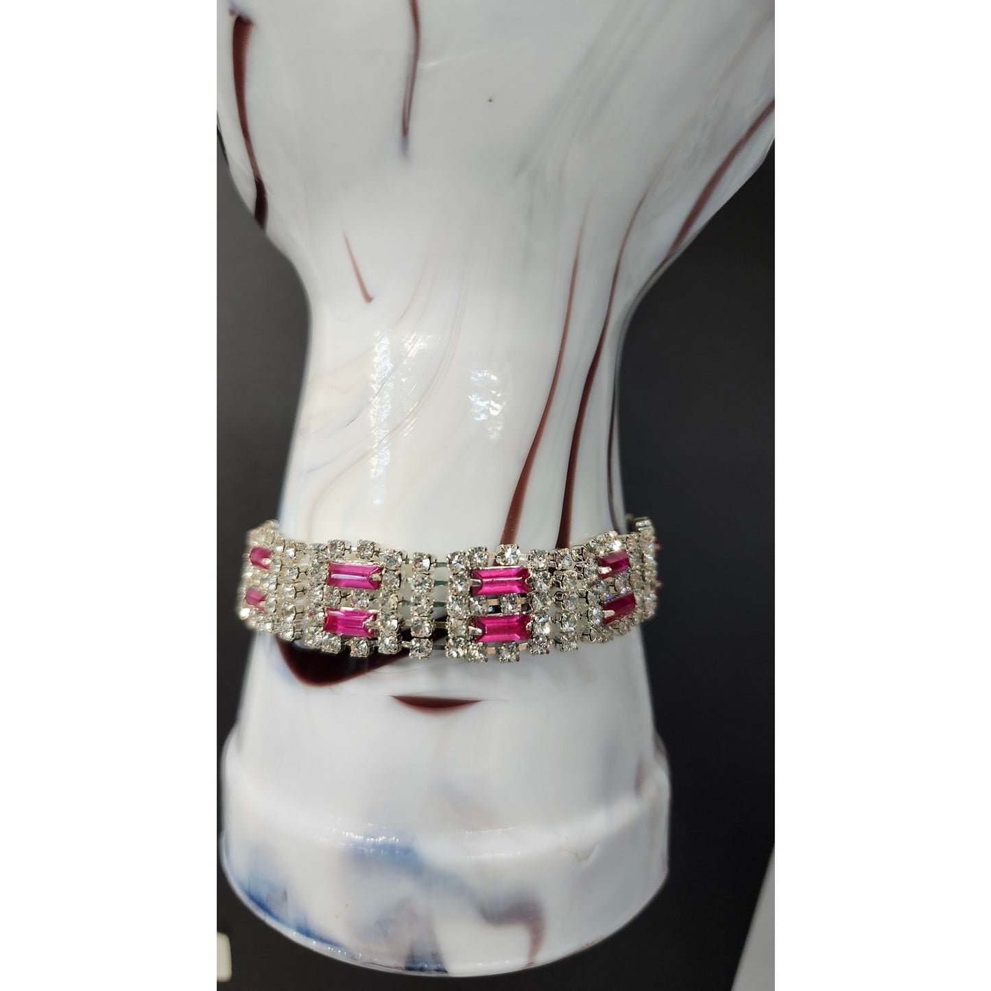 Vintage Ruby Rhinestone Silver-Tone Link Costume Bracelet 7.25"