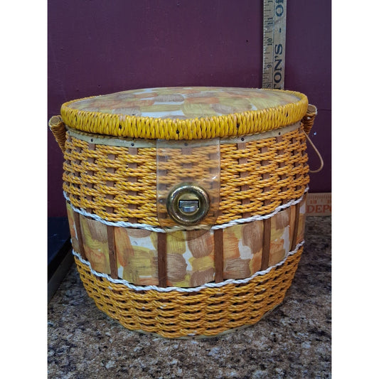 Vintage Round Wicker Type Sewing Basket Japan #2547 Orange Gold +Supplies