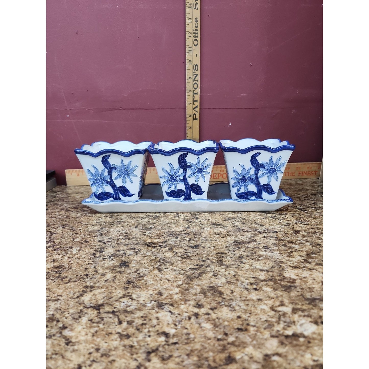 Vintage Set of 3 Small Blue & White Raised Floral/ Ceramic Pot/Planter's