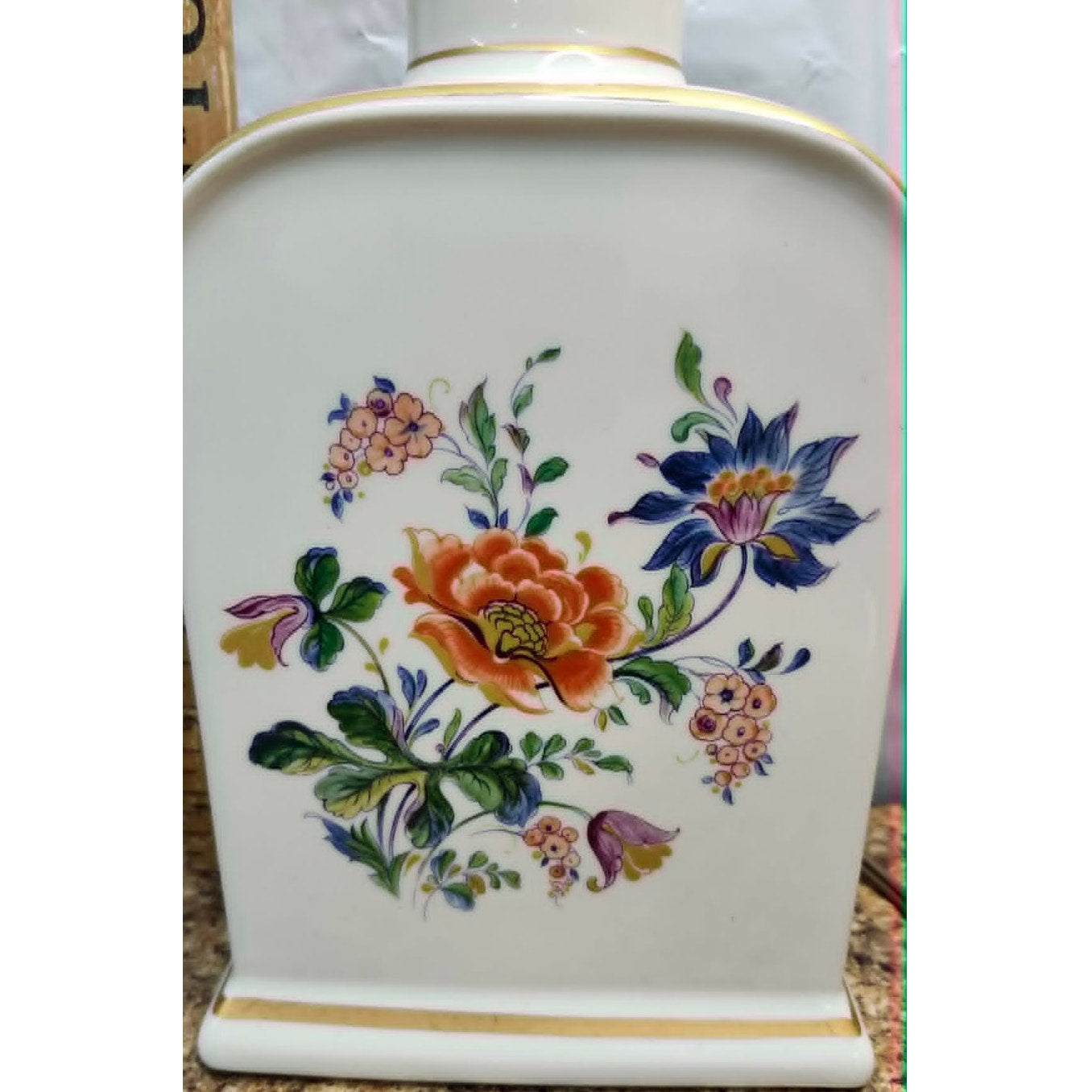 Vintage Porcelain Table Lamp Floral Tea Caddy White Gold Trim Accent Nightstand