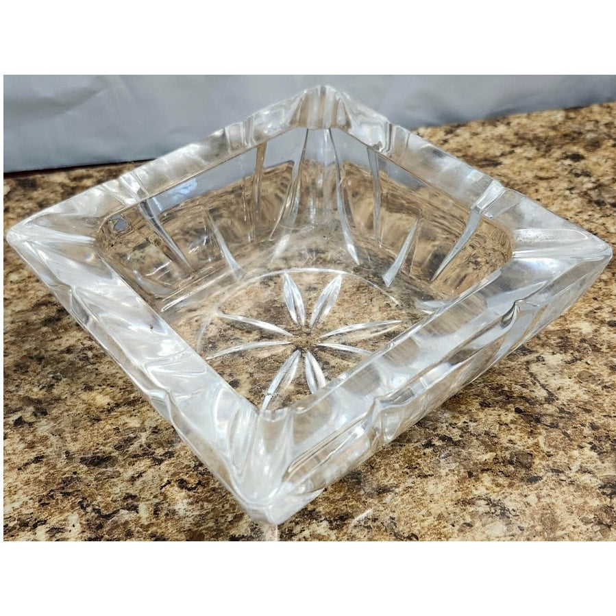 Vintage Crystal Clear Glass Ashtray Square Starburst Mid Century Heavy Ashtray