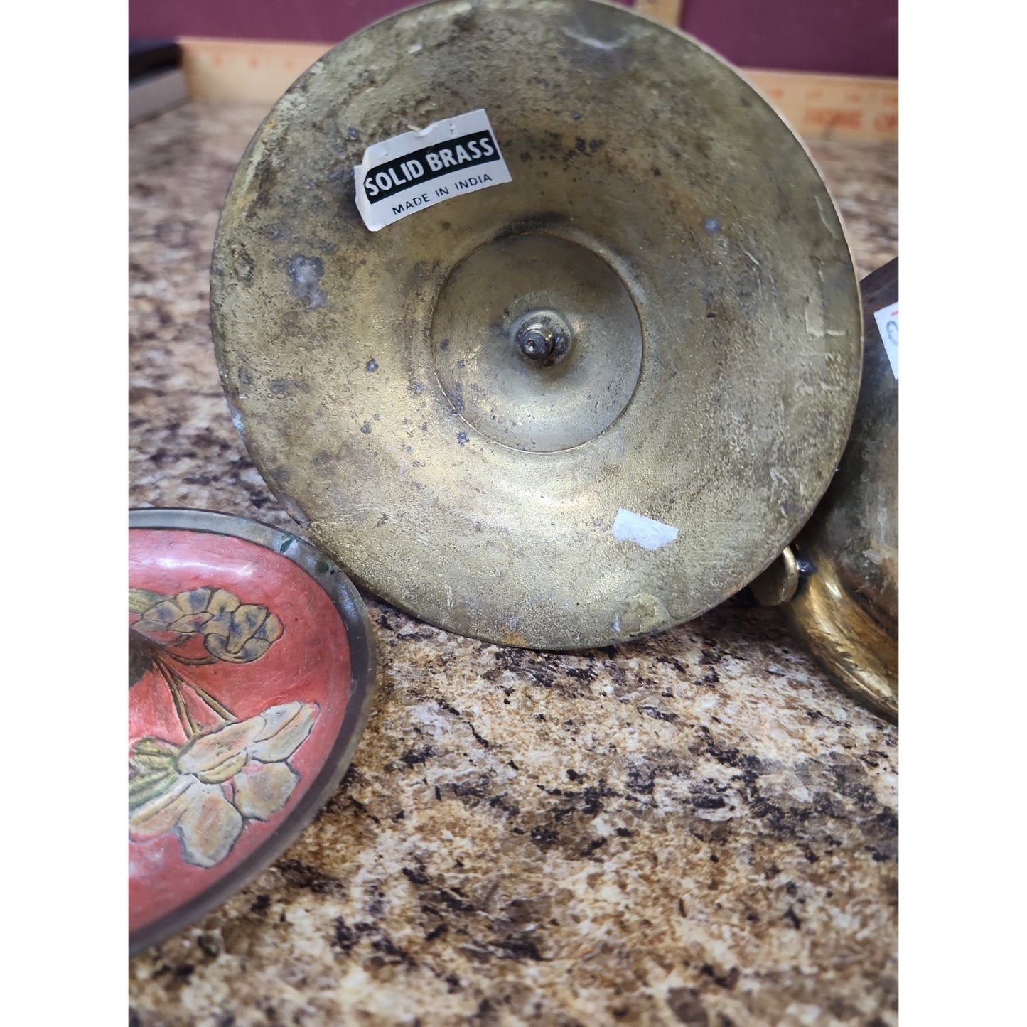 LOT OF 4 VINTAGE Floral ENAMELED BRASS CANDLE HOLDERS MADE IN INDIA